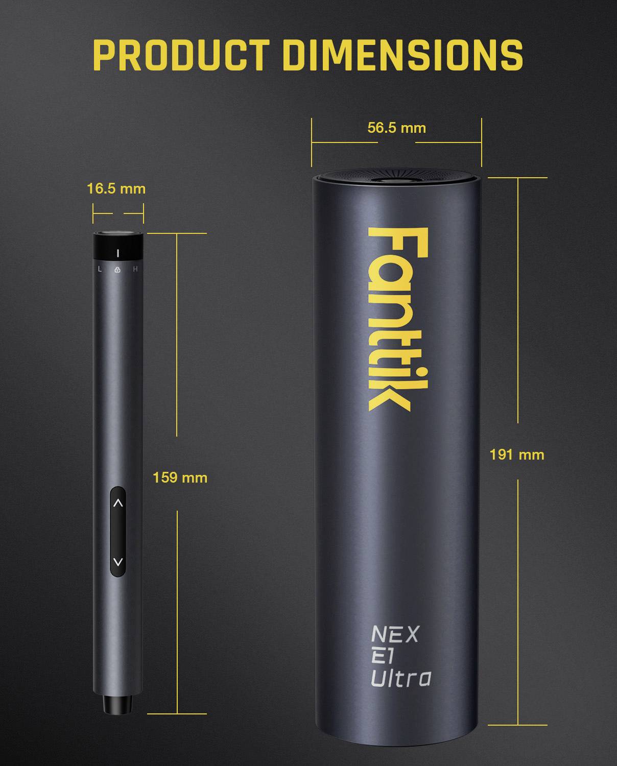 Ein schwarzes zylindrisches Produkt mit der Beschriftung 'Fanttik NEX E1 Ultra', das mit den Abmessungen von 2,23 Zoll Breite und 7,52 Zoll Höhe dargestellt wird, neben einem 6,26 Zoll langen stiftförmigen Objekt.