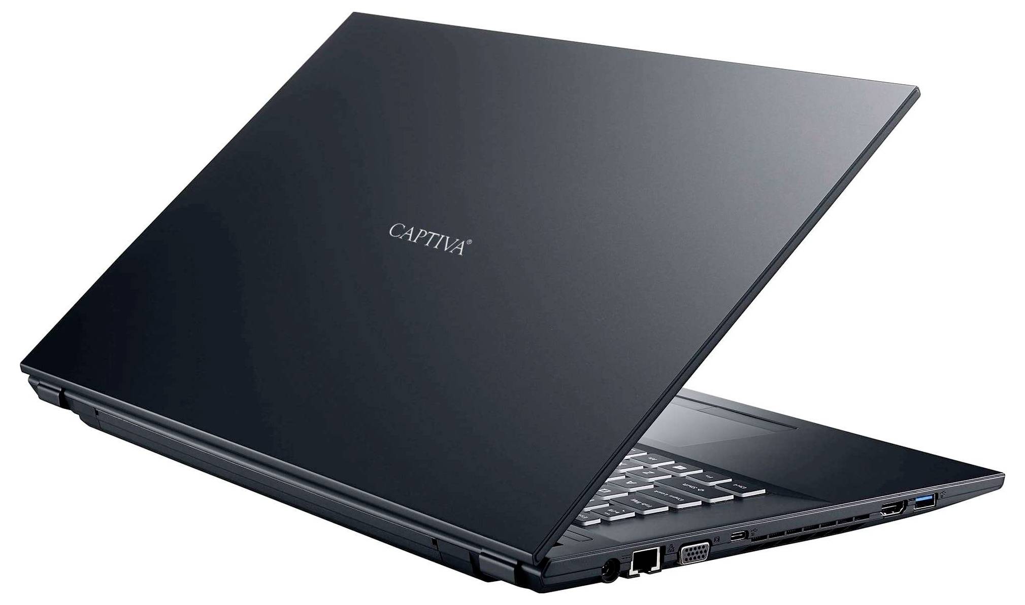 Ein schwarzer Laptop mit der Aufschrift 'CAPTIVA' auf dem Deckel, leicht geöffnet, zeigt Anschlüsse an der Seite, einschließlich USB und VGA.
