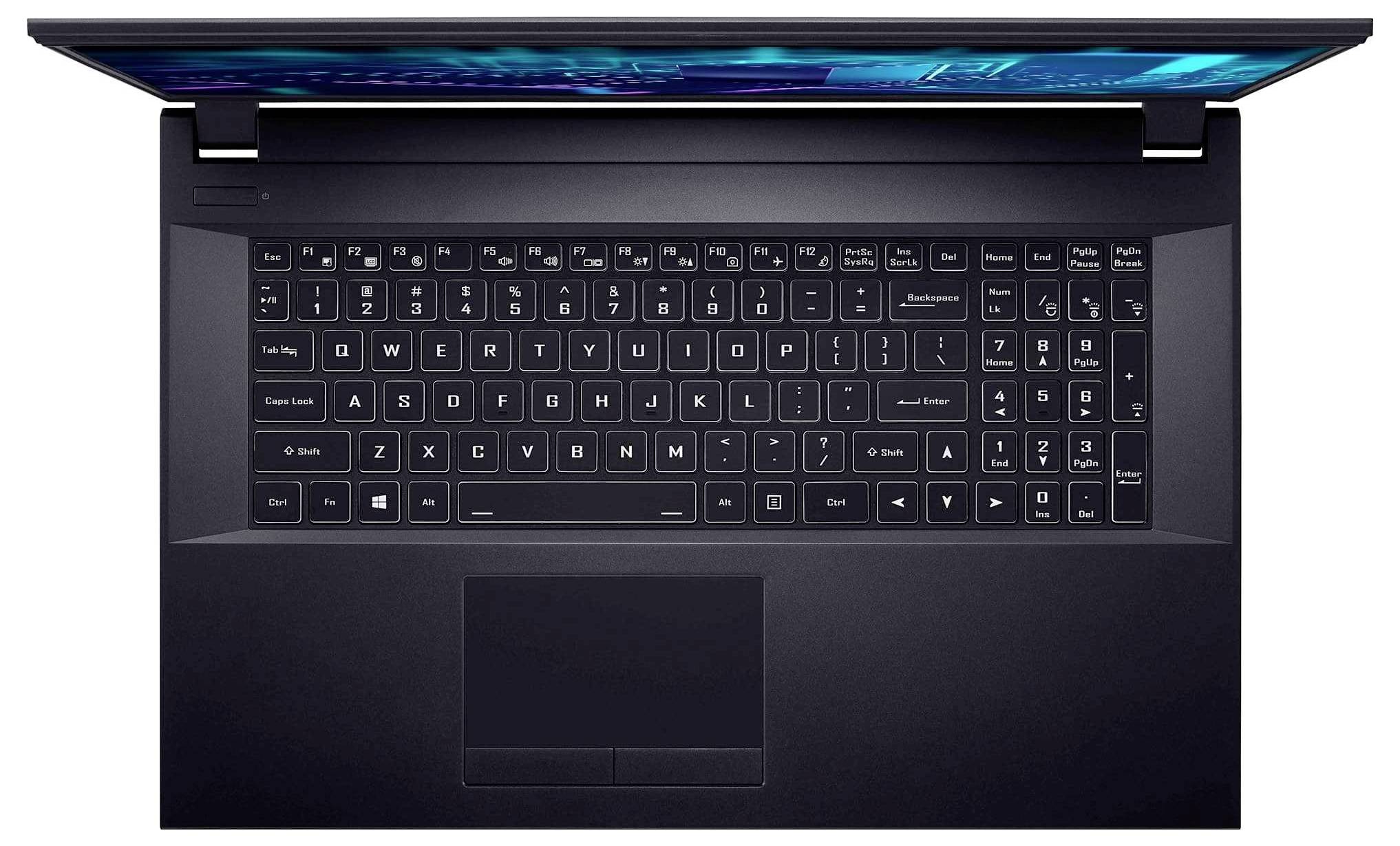 Ein schwarzer Laptop, von oben betrachtet, mit einer vollständigen Tastatur mit Funktionstasten, einem großen Touchpad und einem Teil des Bildschirms.