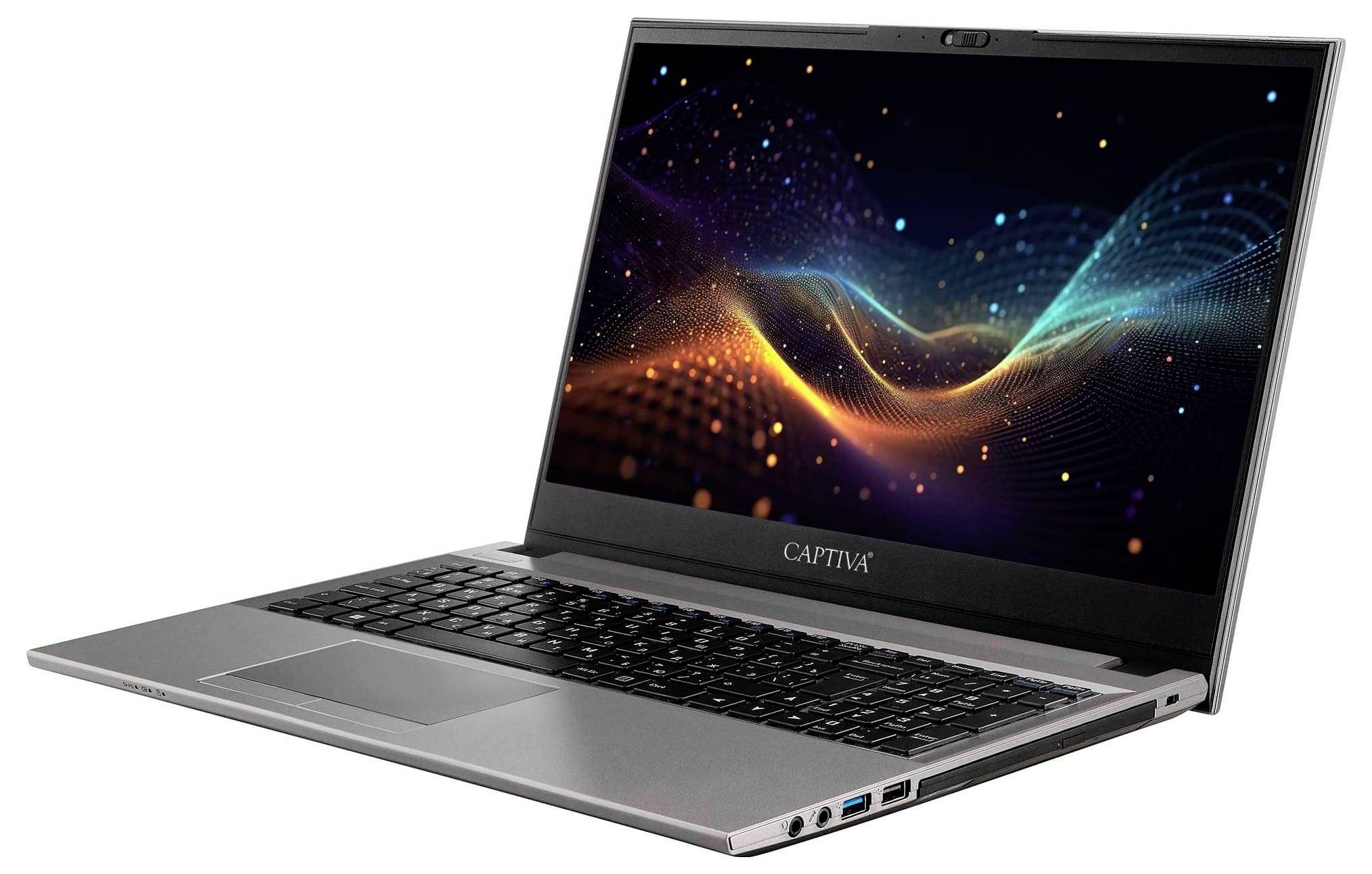 Ein silberner Laptop, der ein buntes abstraktes Wellenmuster auf seinem Bildschirm zeigt. Der Markenname ist unterhalb des Displays sichtbar.