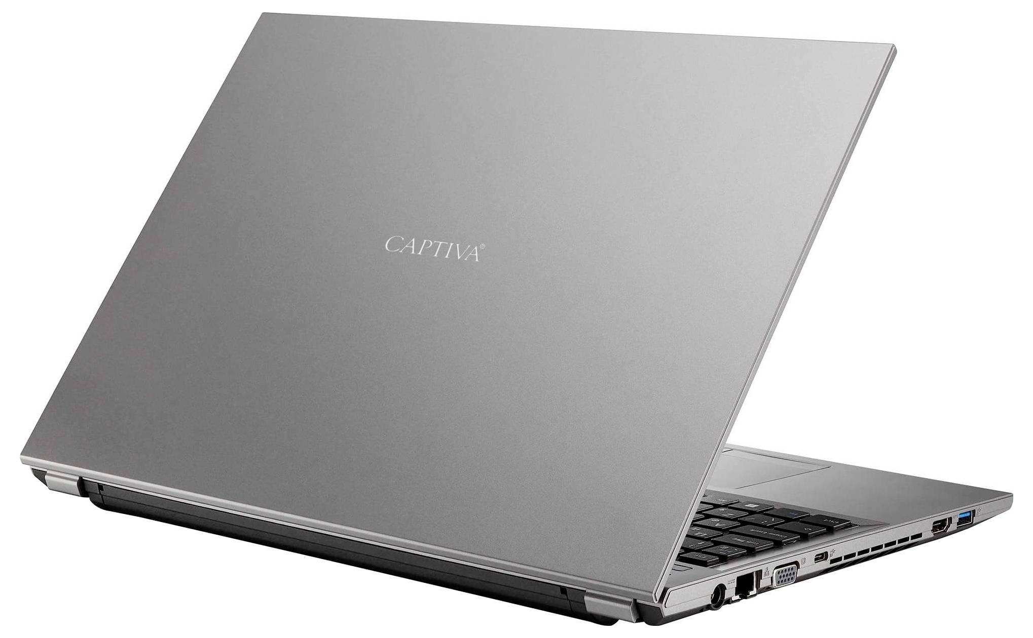 Ein geschlossener silberner Laptop mit der Aufschrift 'CAPTIVA' auf dem Deckel, von einem Winkel aus gesehen, der die Anschlüsse auf der rechten Seite und einen Teil der Tastatur zeigt.