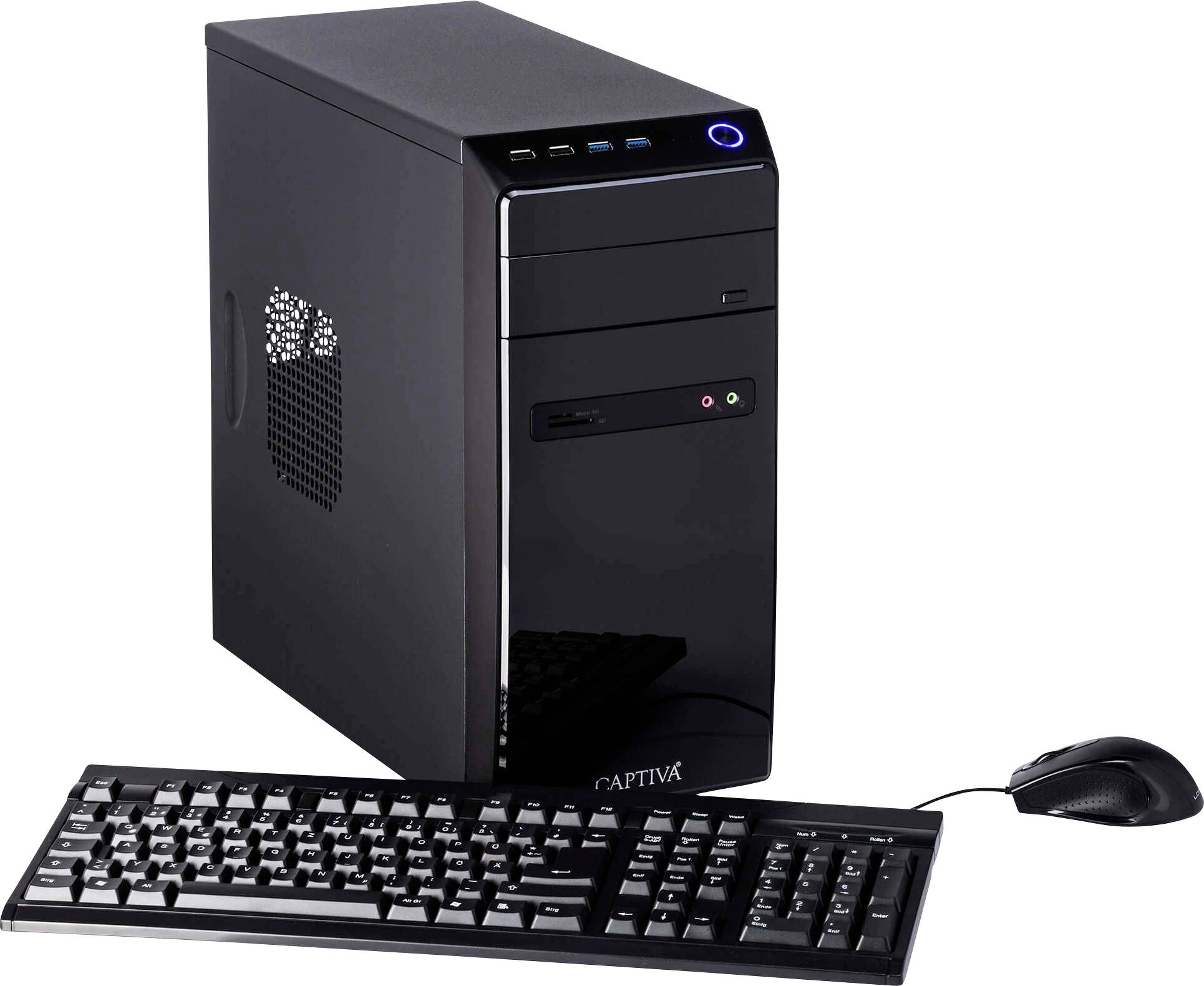 Ein schwarzer Desktop-Computerturm mit Tastatur und Maus, ausgestattet mit USB-Anschlüssen und CD/DVD-Laufwerk, vor einem weißen Hintergrund.