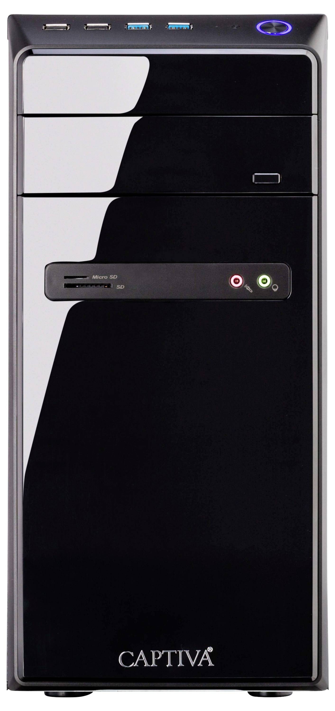 Ein schwarzer Desktop-Computerturm mit USB-Anschlüssen an der Oberseite, einem CD-Laufwerk und einem Einschaltknopf. Der Markenname 'CAPTIVA' ist am unteren Rand gedruckt.