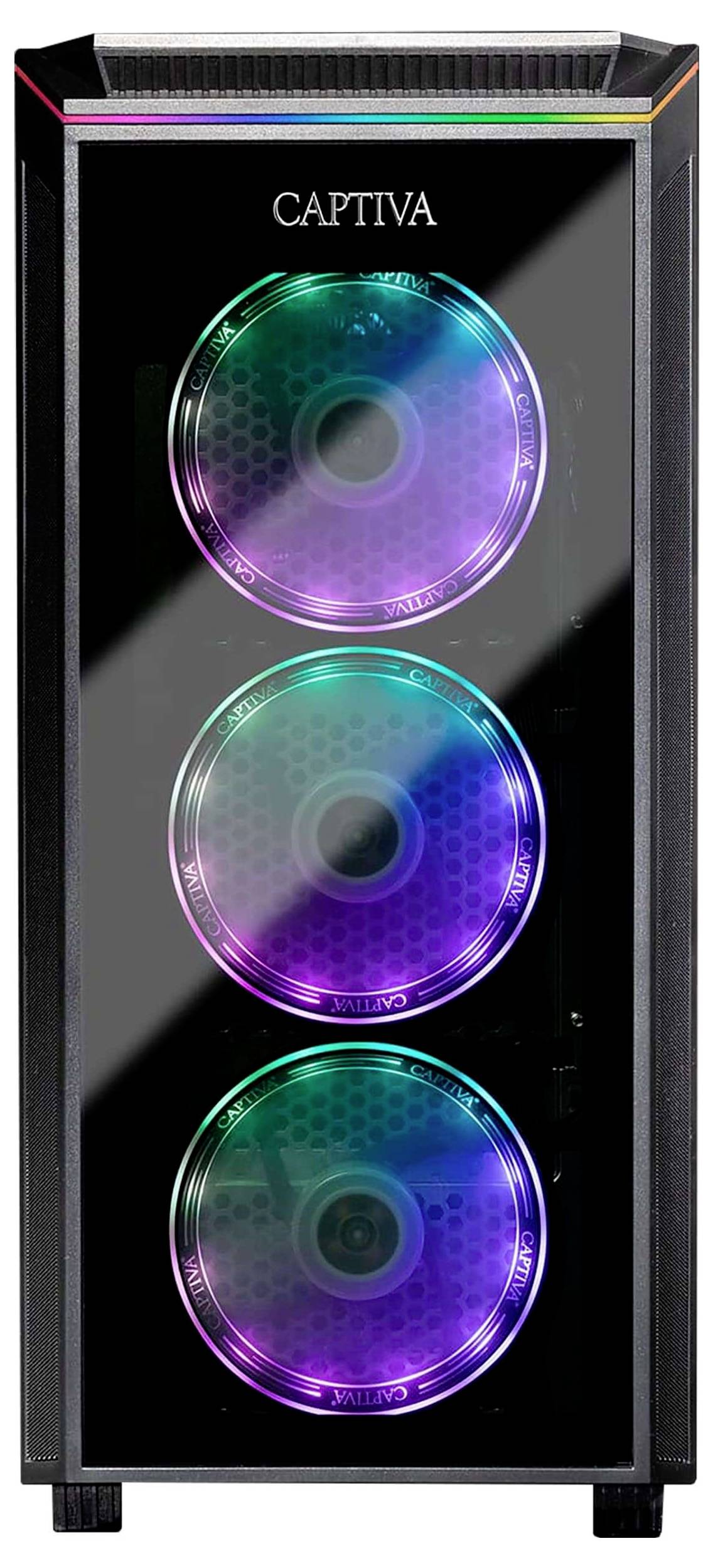 Ein Computertower mit drei RGB-Lüftern und Glasfront, beschriftet mit 'Captiva'.