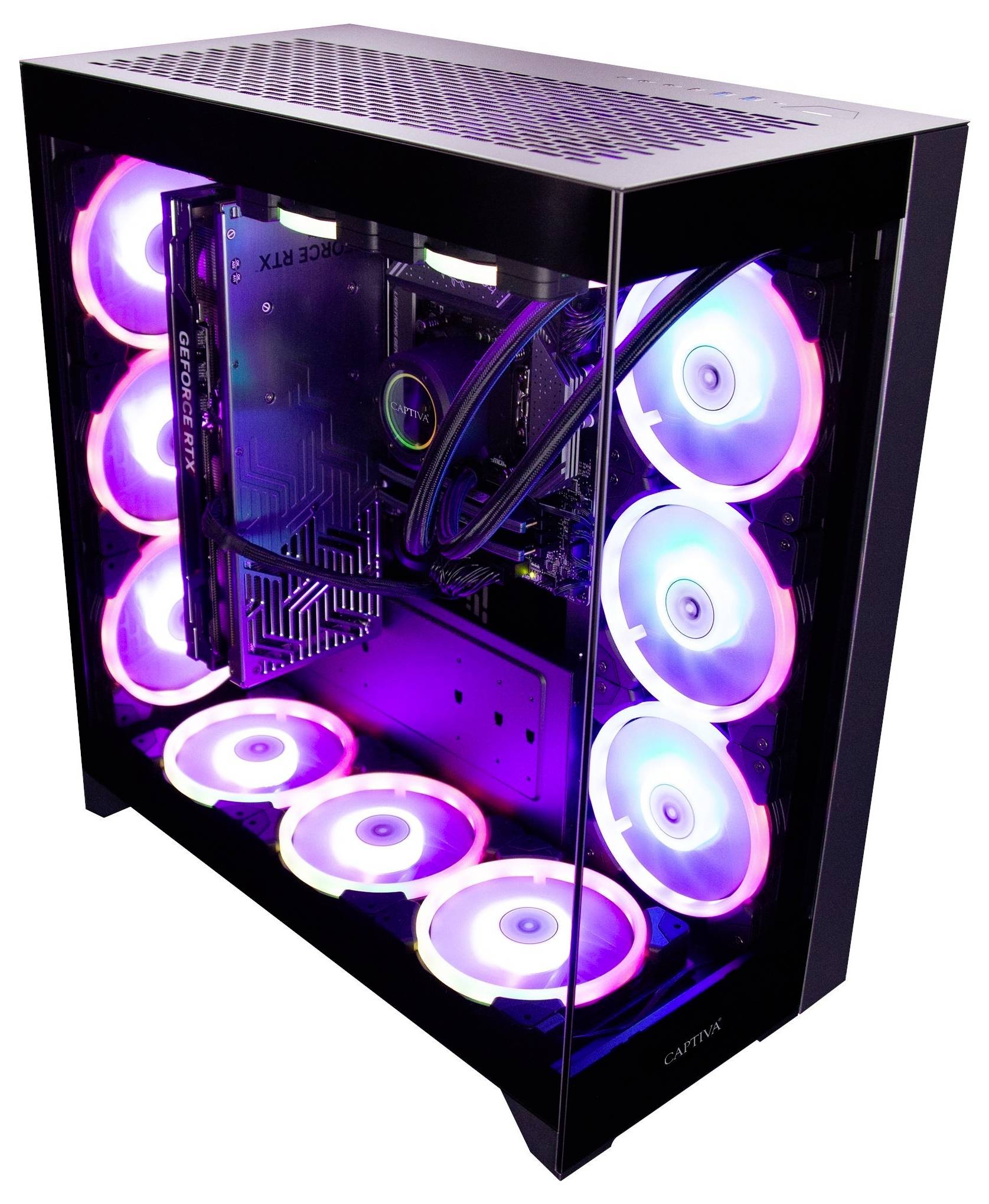 Ein Gaming-PC mit transparentem Seitenfenster zeigt die Innenkomponenten, einschließlich RGB-beleuchteter Lüfter, die im Gehäuse ein farbenfroher Leuchten erzeugen.