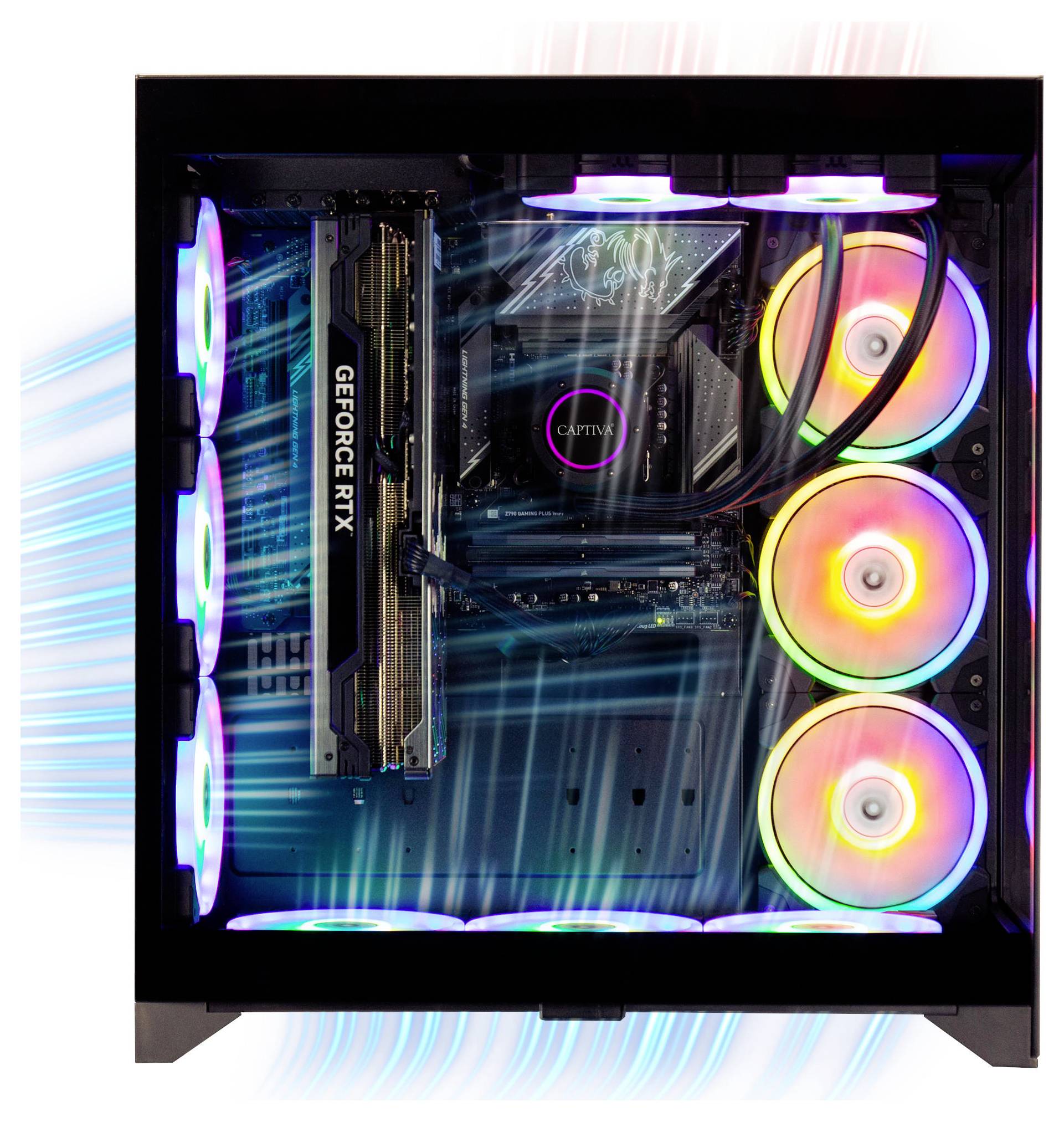 Ein Gaming-PC mit sichtbarer LED-Beleuchtung und Kühlventilatoren, der eine 'GEFORCE RTX' Grafikkarte in einem eleganten Gehäuse präsentiert.