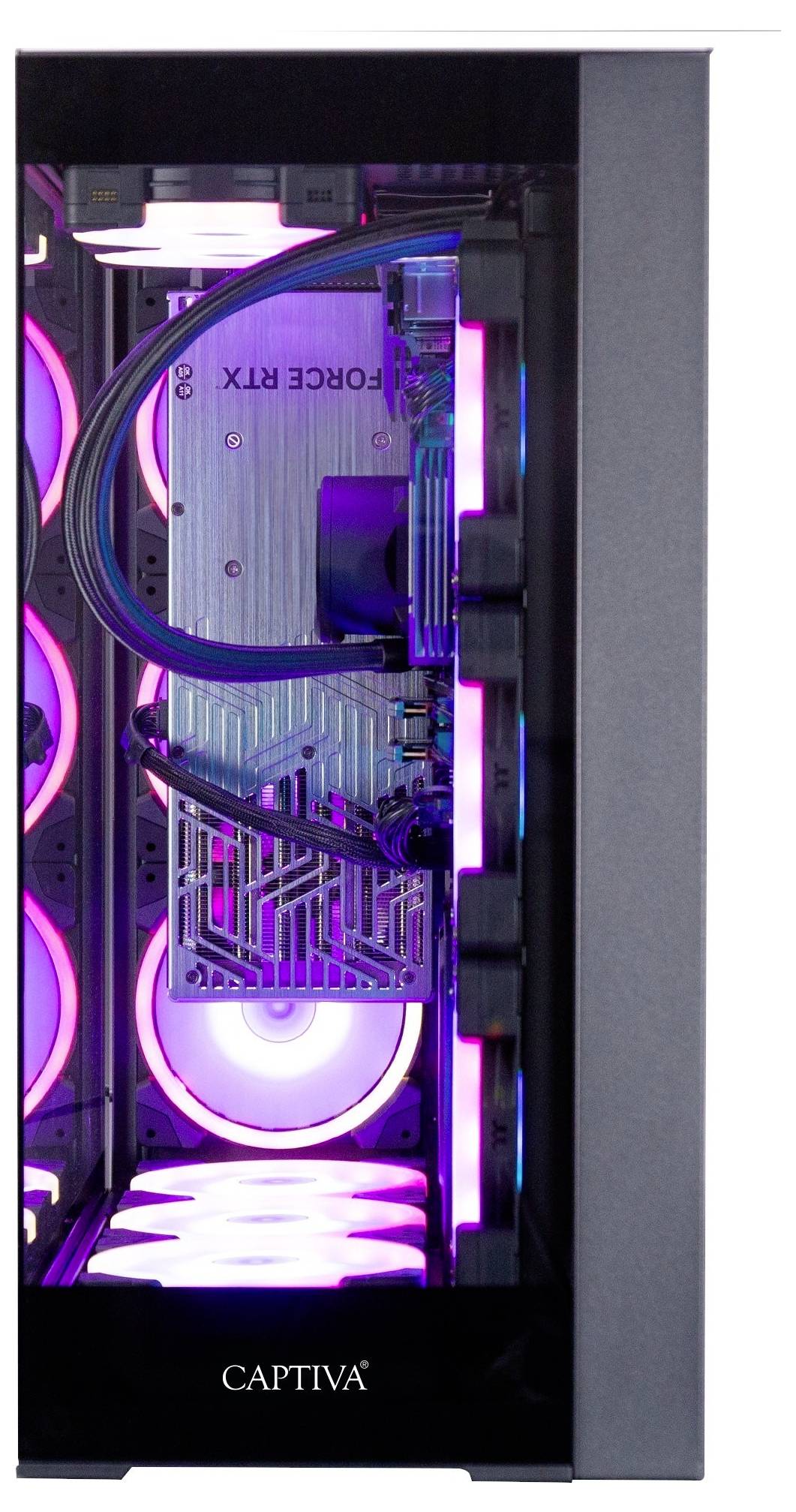 Ein Gaming-Computer-Gehäuse mit transparentem Seitenpanel, das Innenkomponenten und RGB-Beleuchtung zeigt, einschließlich sichtbarer Kühlventilatoren und Grafikkarte.