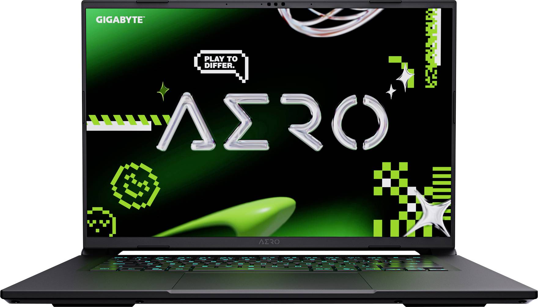 Ein Laptop mit einem bunten Bildschirm, auf dem der Text 'AERO' und Grafiken zu sehen sind. Branding-Elemente in Grün- und Schwarztönen sind erkennbar.