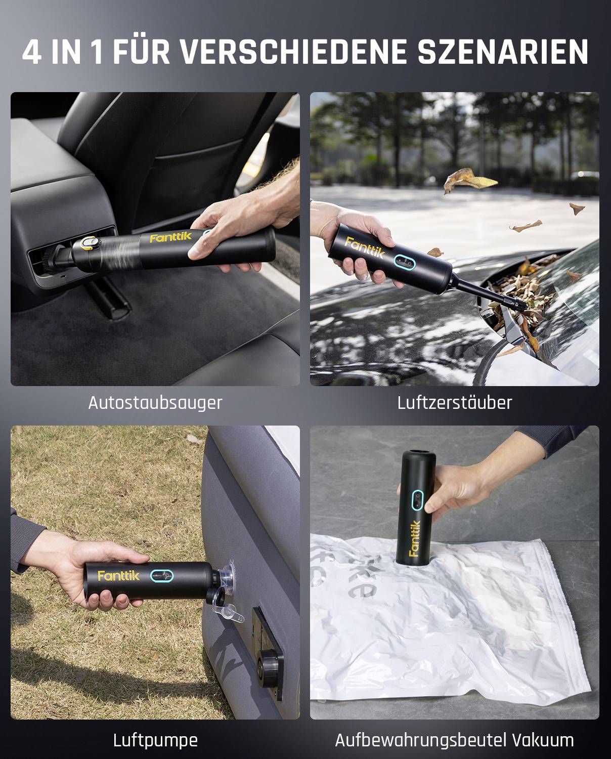 '4 in 1 für verschiedene Szenarien' Gerät: Autostaub­sauger (Reinigung des Fahrzeuginnenraums), Druckluftpistole (Blasen von Blättern), Luftpumpe, Vakuumsiegel­gerät.