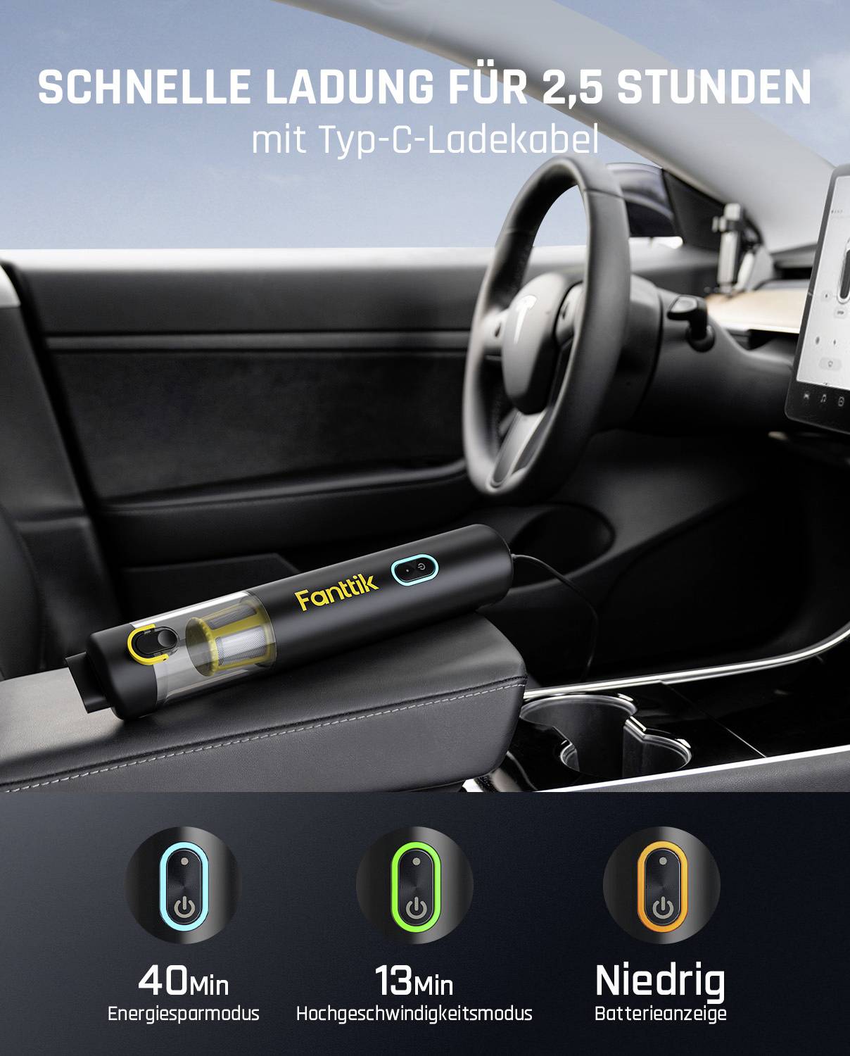 Ein mit 'Fanttik' beschriftetes Gerät wird beim Laden im Auto gezeigt, wobei eine schnelle Ladedauer von 2,5 Stunden mit einem USB-C-Kabel betont wird. Symbole zeigen Energiesparmodus, schnelle Lademodi und Warnung bei niedriger Batterieleistung an.
