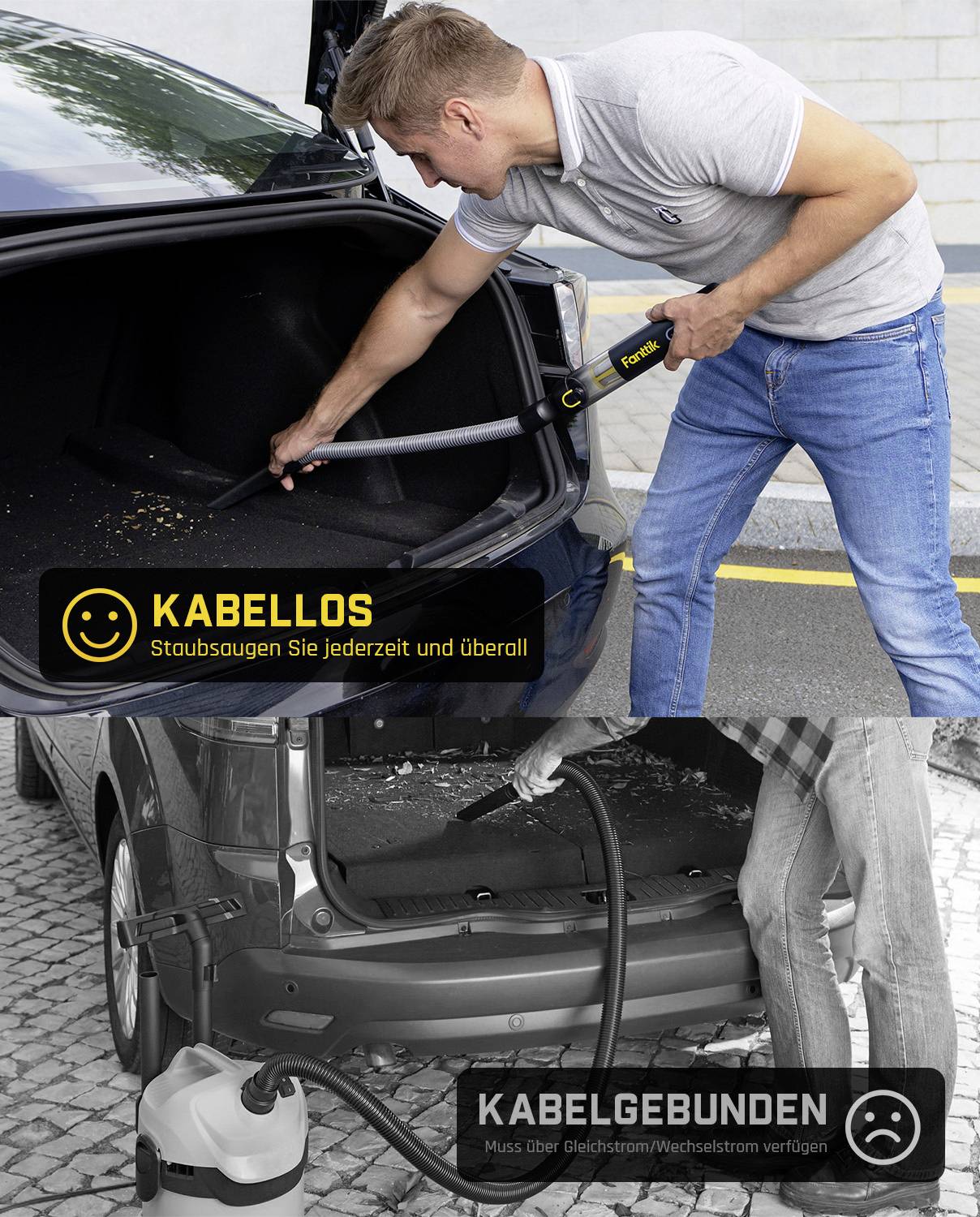Mann benutzt einen Autostaubsauger im Kofferraum. Das obere Bild zeigt einen kabellosen Staubsauger, das untere einen Staubsauger mit Netzkabel und Leistungsbeschränkungen.