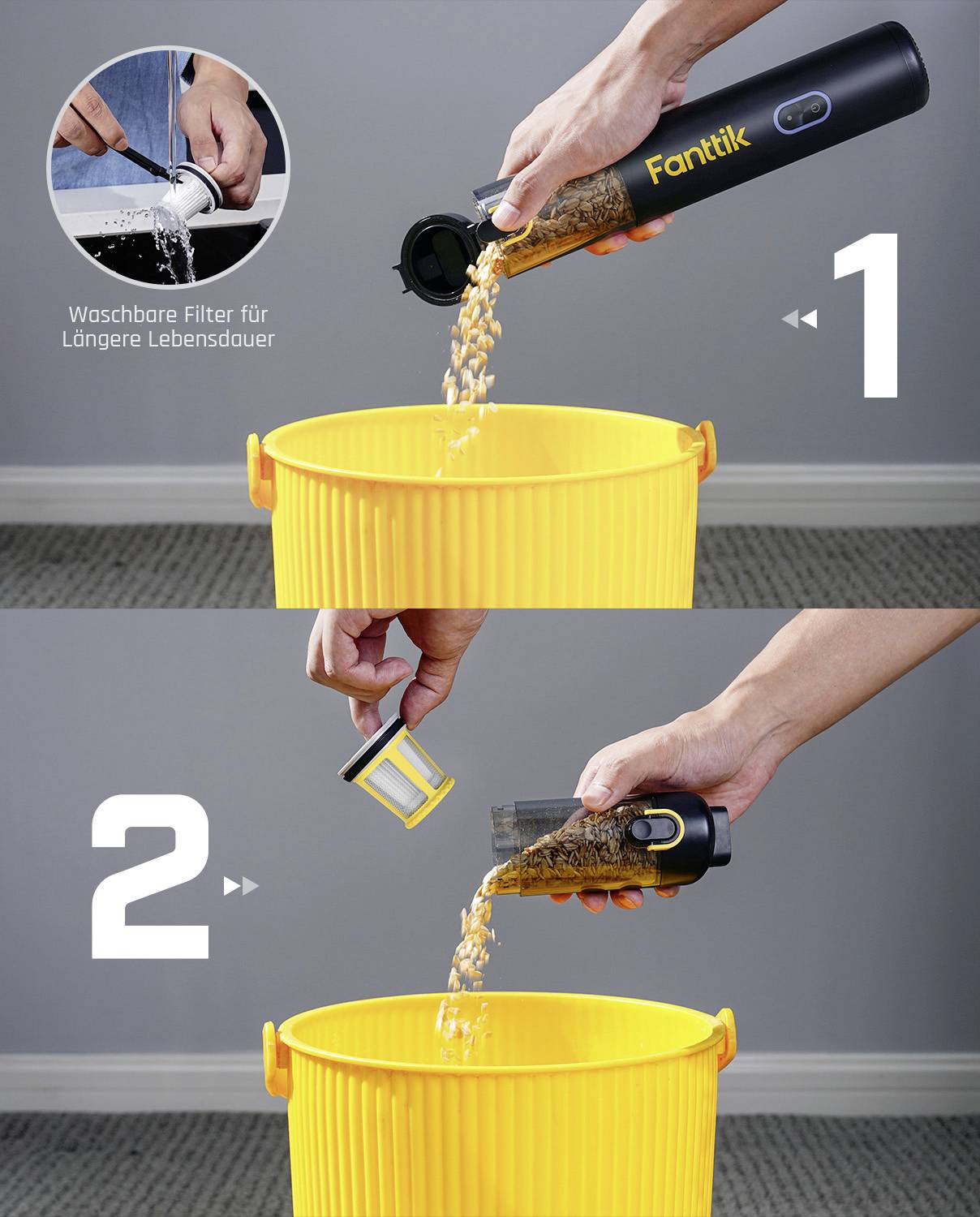 Bild zeigt einen Handstaubsauger, der in einen gelben Behälter entleert wird. Schritte: 1) Öffnen und Schmutz ausleeren. 2) Filter entnehmen und reinigen für längere Lebensdauer.