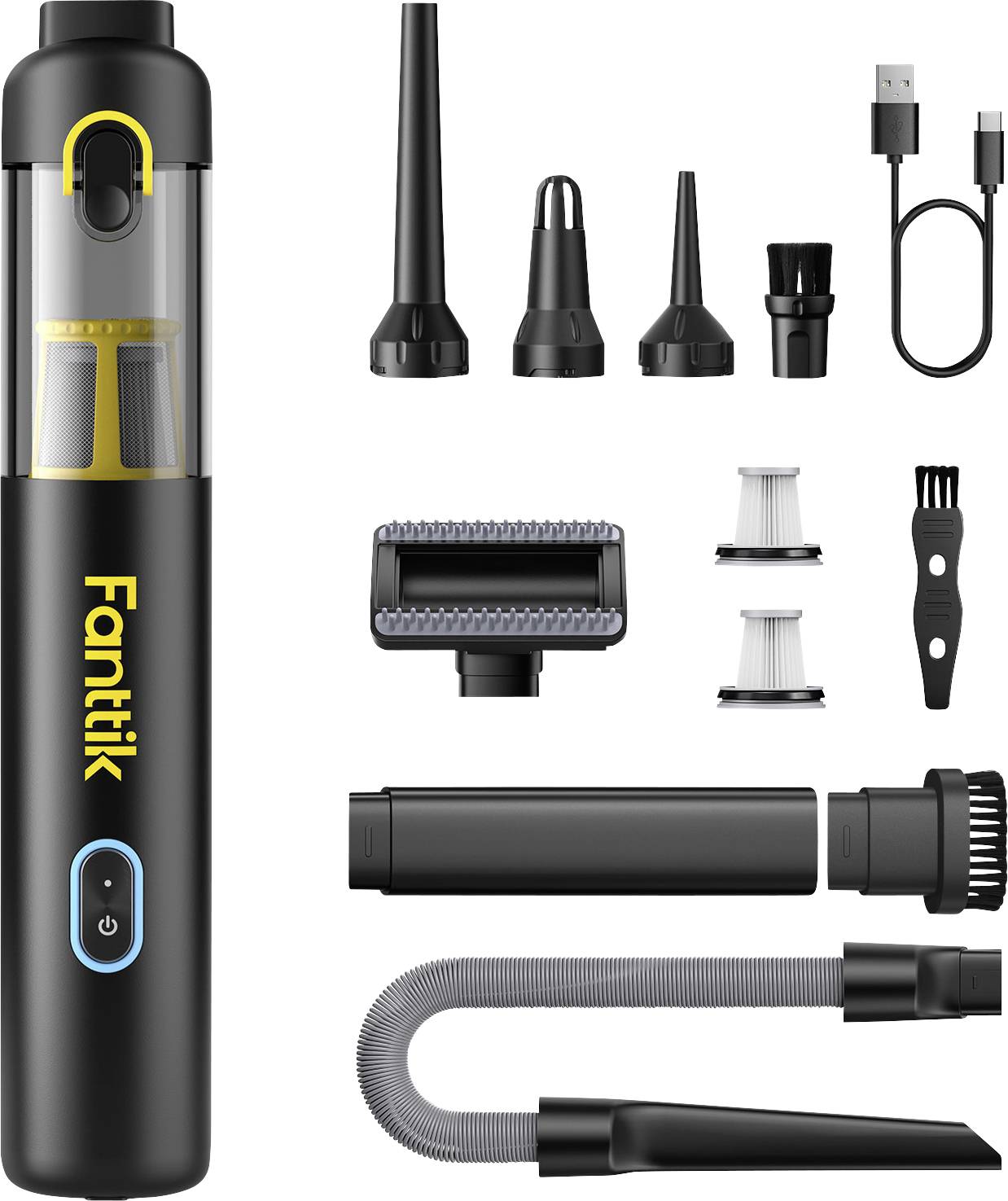 Tragbarer Staubsauger-Set mit verschiedenen Düsen, Filtern, Bürste und USB-Ladekabel, ideal für effiziente Reinigung in kleinen Räumen.