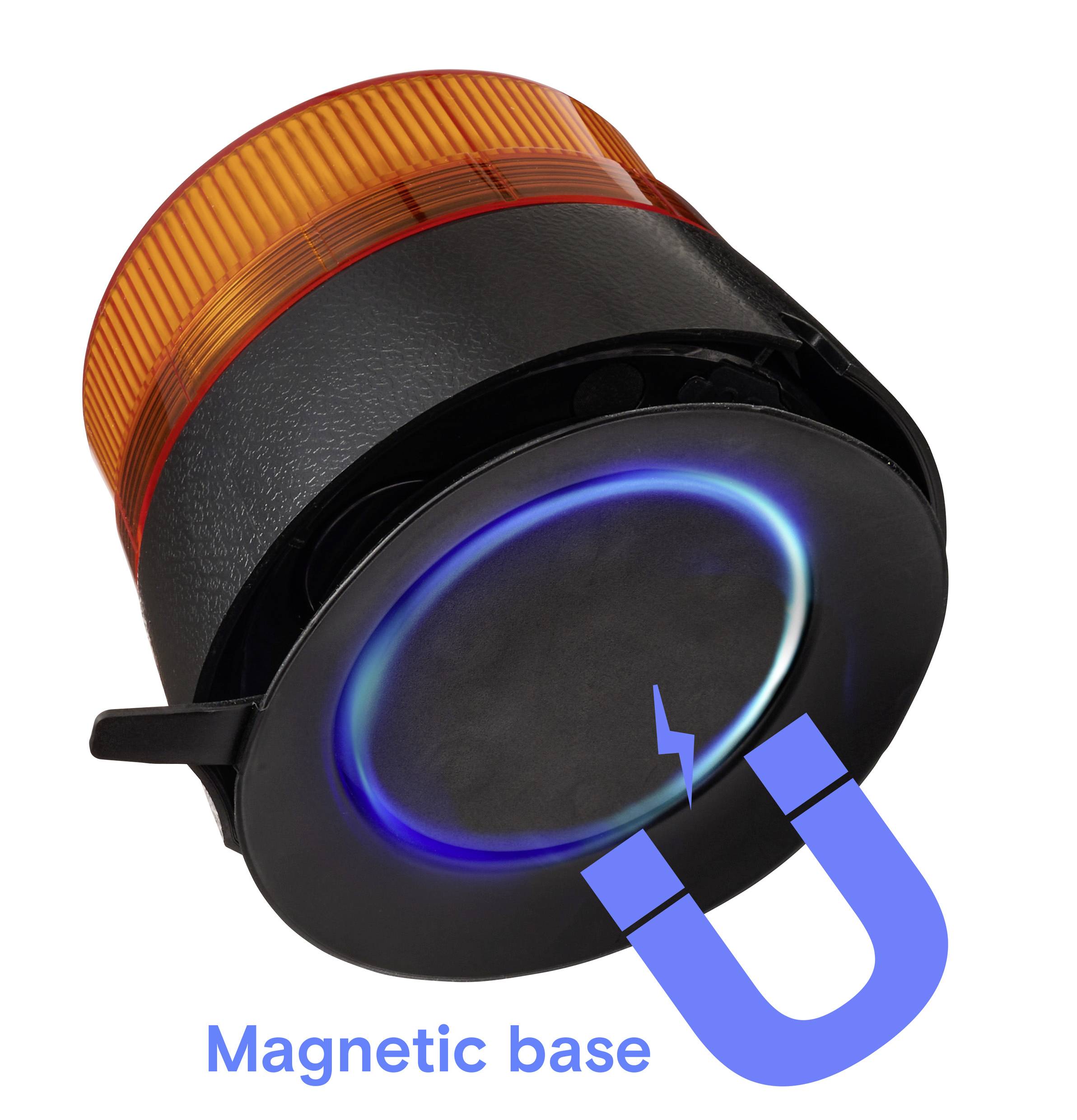 Orangefarbene Warnleuchte mit magnetischer Basis, dargestellt mit einem Leuchtefekt und einem blauen Magnetsymbol, das ihre magnetischen Eigenschaften anzeigt.