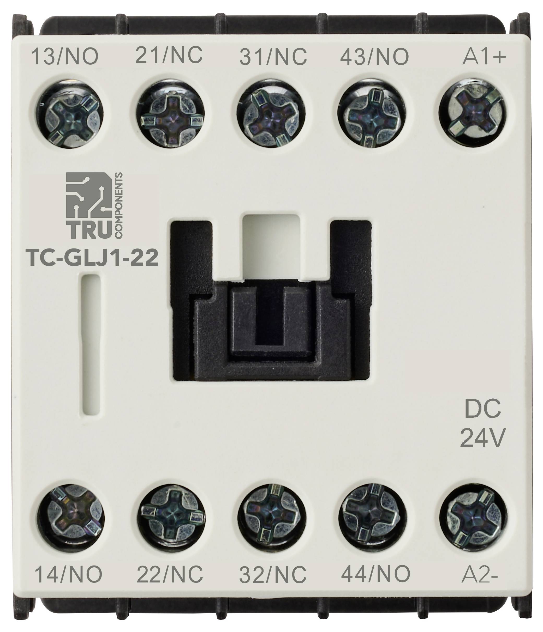Elektrischer Schütz mit Anschlüssen beschriftet als '13/NO', '21/NC', '31/NC', '43/NO', 'A1+', '14/NO', '22/NC', '32/NC', '44/NO', 'A2-'.