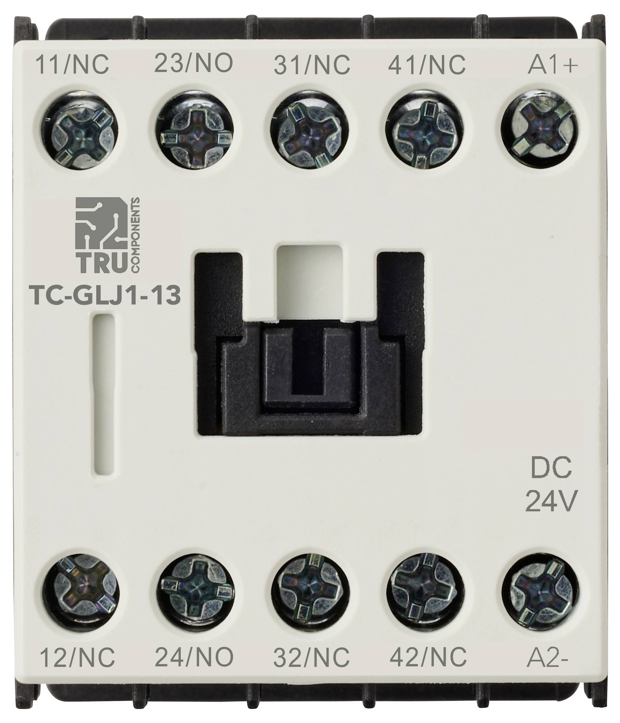 Ein weißes Relais mit beschrifteten Klemmenanschlüssen, gekennzeichnet mit 'TC-GLJ1-13', und mit Anzeige für 24V DC Betrieb.