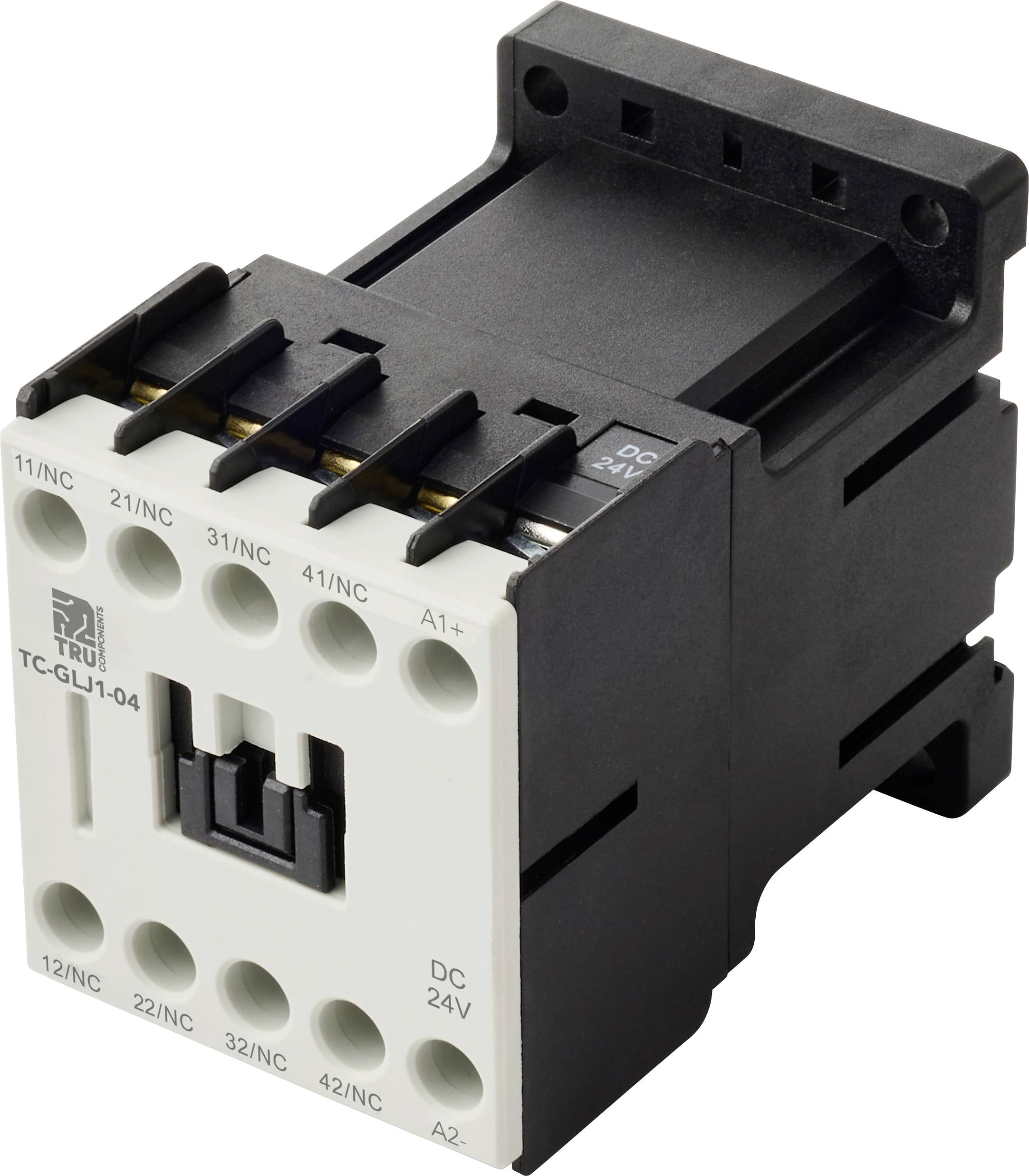 Ein schwarzer und weißer elektrischer Schütz mit mehreren Anschlüssen, auf der Vorderseite mit ‚DC 24V' beschriftet, der zur Steuerung elektrischer Schaltkreise verwendet wird.