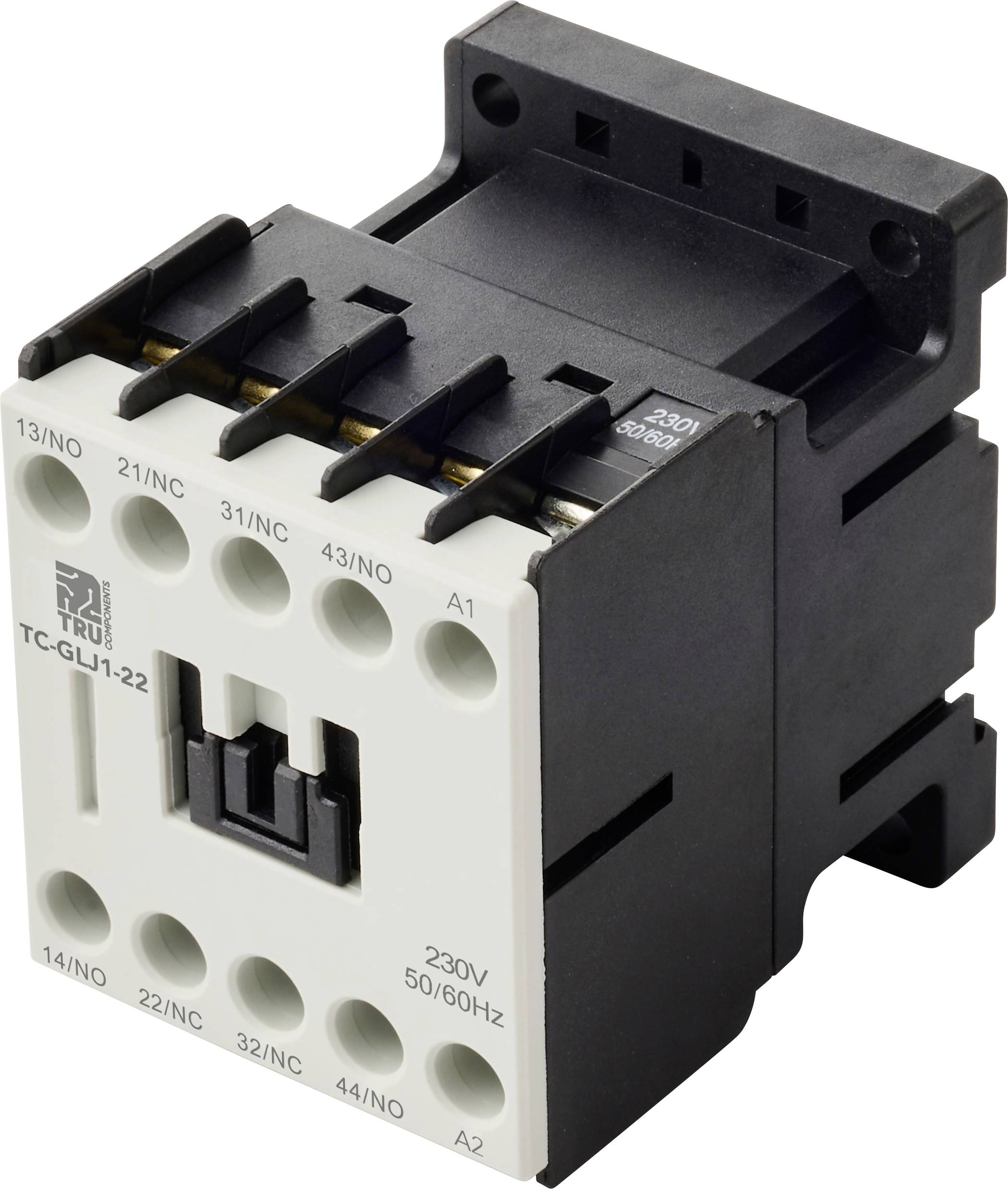 Elektrischer Schütz mit Modell 'TC-GLU1-22', Bemessungsspannung 230V, 50/60Hz. Frontanzeige zeigt Anschlusspunkte und Klemmenanordnung.