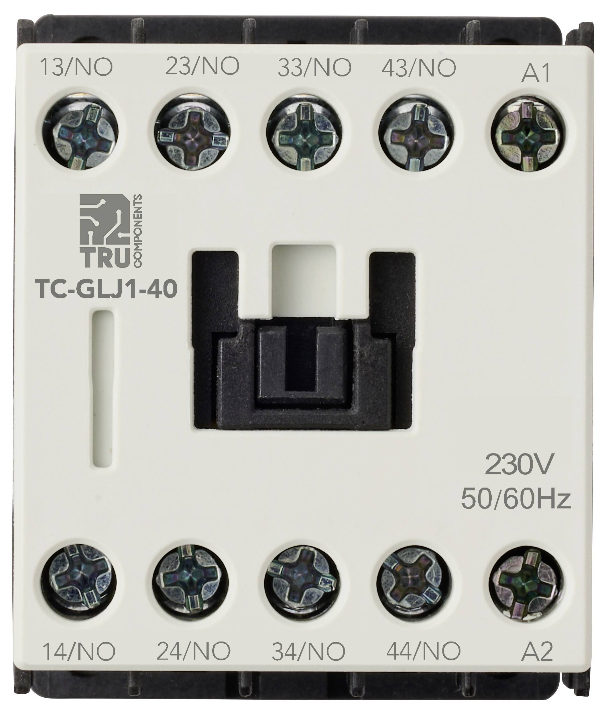 Frontansicht eines 230V-Schützes mit 8 Anschlüssen, beschriftet mit 13/NO, 21/NO, 23/NO, 31/NO, 33/NO, 43/NO, A1 und A2, Modell TC-GLJ1-40.