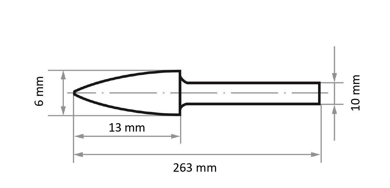 Eine technische Zeichnung einer Pfeilspitze mit Maßen: 263 mm lang, 10 mm breiter Schaft, 13 mm lange Spitze, 6 mm breite Spitze an ihrer Basis.