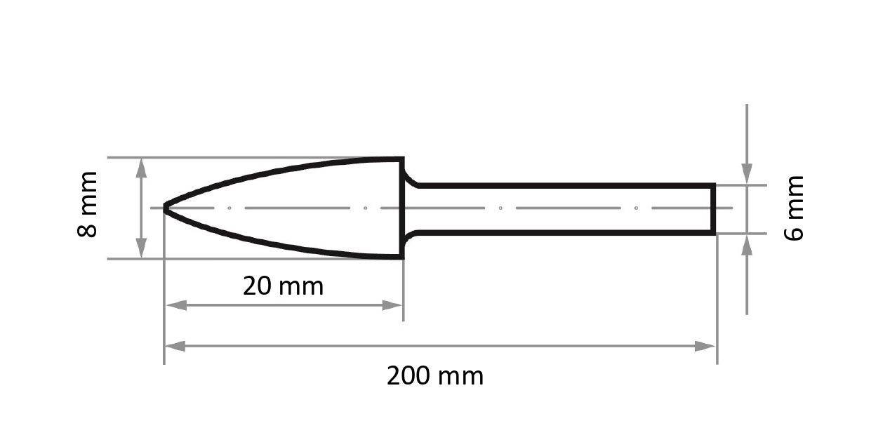 Ein technisches Diagramm zeigt ein konisches Zylinderobjekt, 200 mm lang, mit einer spitzen Spitze von 20 mm Länge und 8 mm Breite sowie einer Basis von 6 mm Breite.