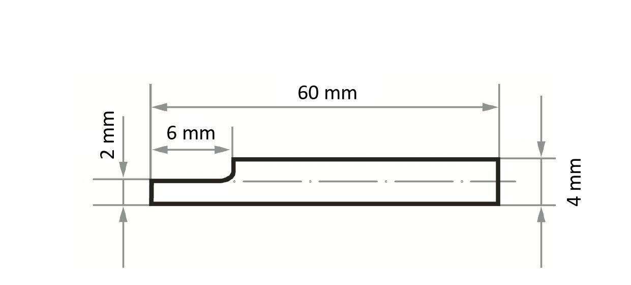 Seitenansicht eines mechanischen Bauteils mit Abmessungen: 60 mm lang, 4 mm hoch, Stufe bei 6 mm und ein Anstieg von 2 mm.
