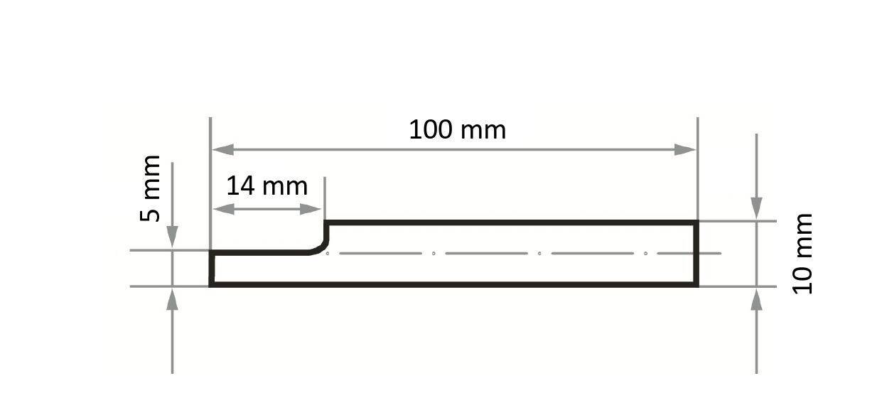 Technische Zeichnung eines Stufenprofils, 100 mm lang, mit einer Stufenhöhe von 5 mm über 14 mm, dann übergehend in eine Höhe von 10 mm für die restliche Länge.