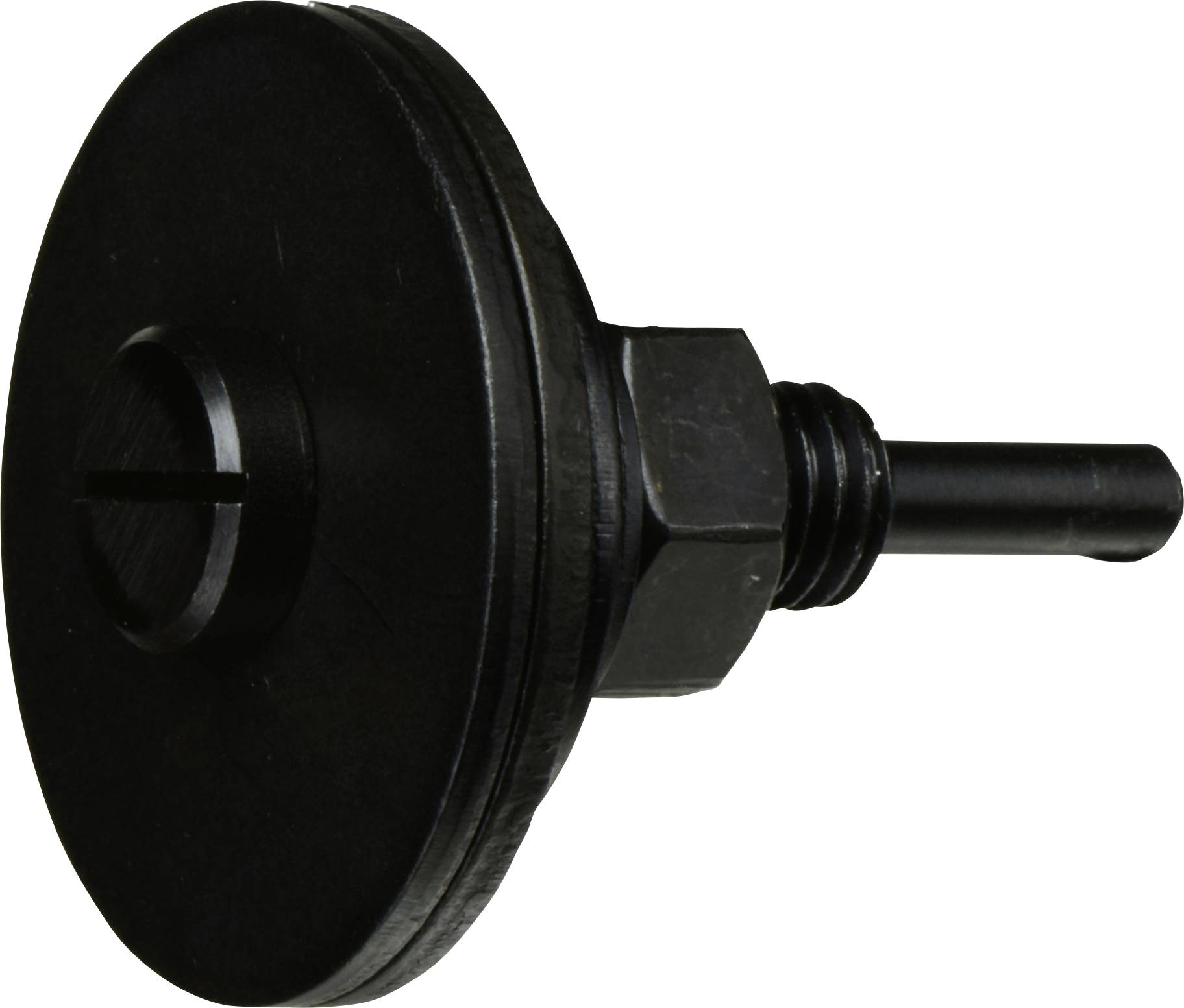 Eine Nahaufnahme einer schwarzen, kreisförmigen Kunststoffkappe mit einem herausragenden Gewindebolzen, die wahrscheinlich als Verschluss oder Abdeckung für industrielle Maschinen verwendet wird.