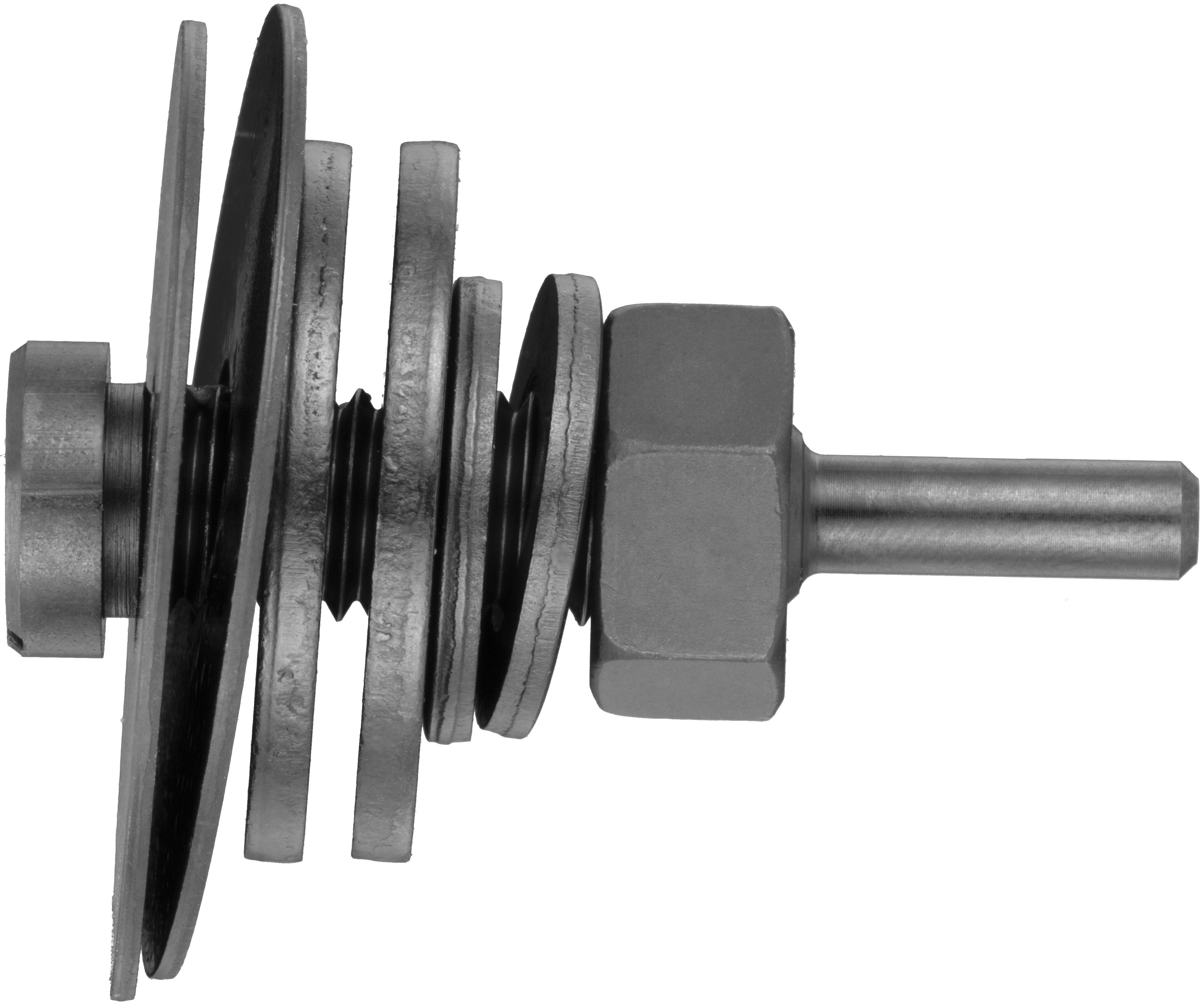 Eine Metallscheibenstapel-Baugruppe mit einer zylindrischen Stange, die von einem Ende herausragt und verschiedene Unterlegscheiben und eine sechseckige Mutternkomponente umfasst.