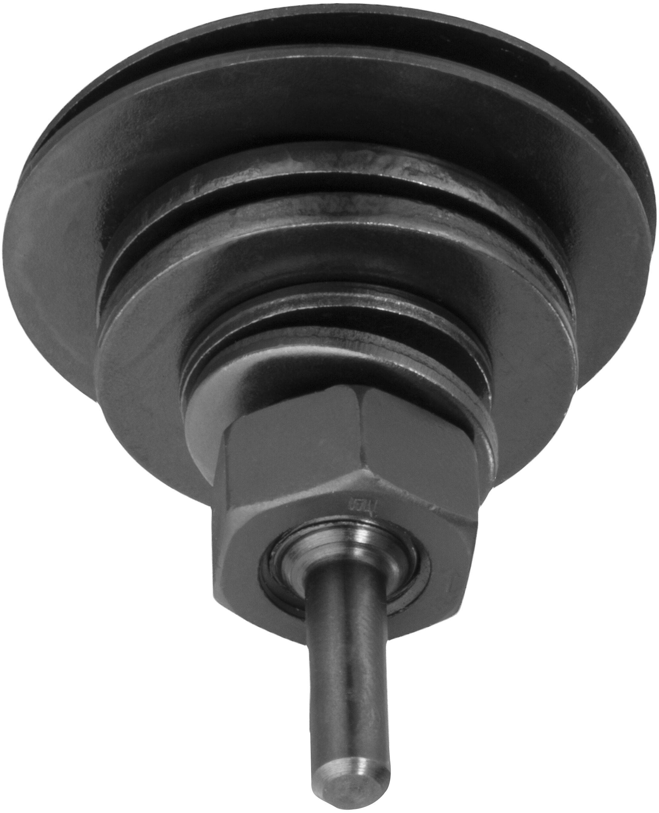 Eine metallische zylindrische Komponente mit mehreren kreisförmigen Schichten und einer zentralen Stange, die von einer sechseckigen Basis ausgeht.