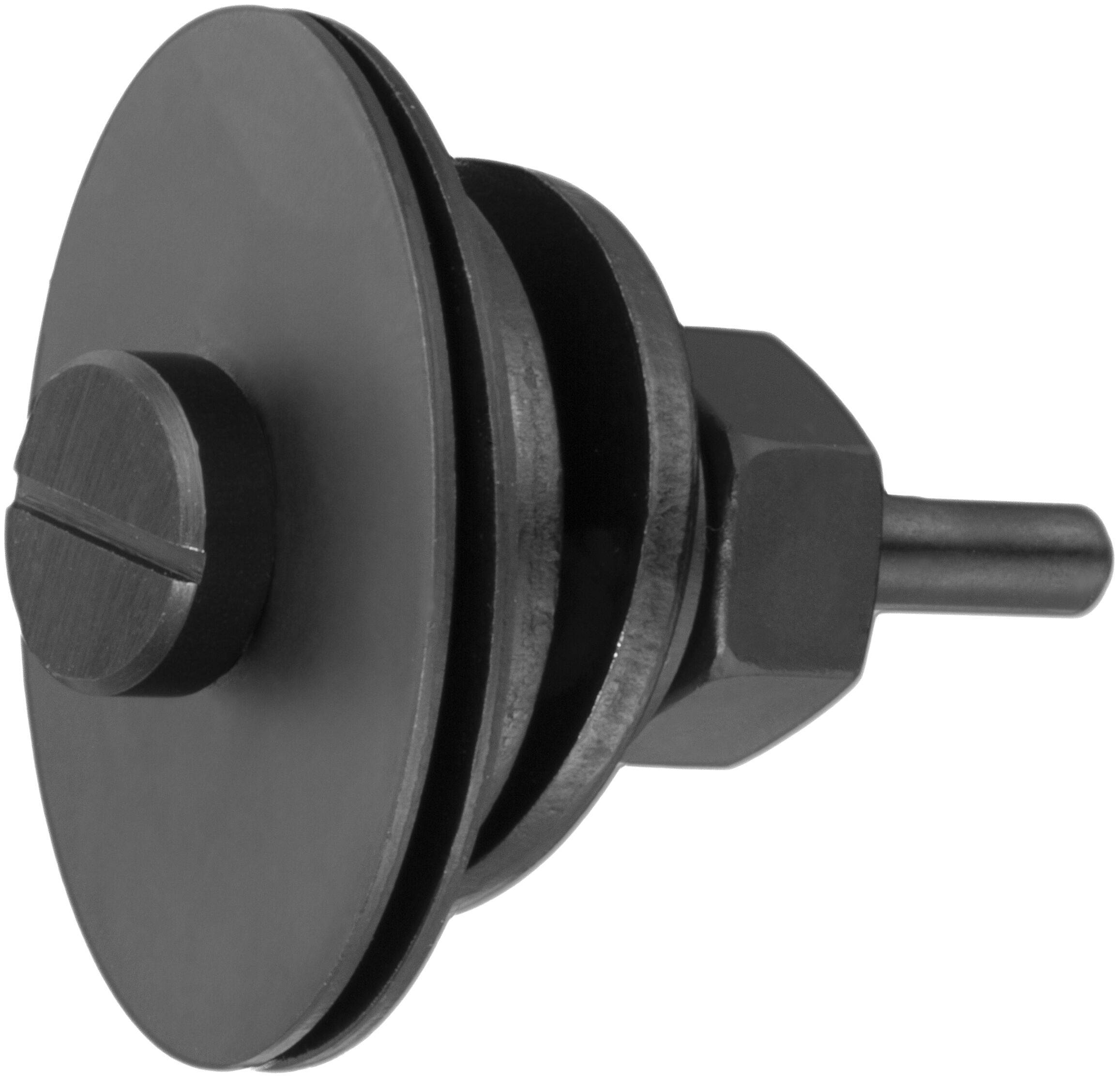 Eine Nahaufnahme eines Metallwerkzeugs mit einer sechseckigen Basis, rundem Zentrum und herausragendem zylindrischem Schaft, das wahrscheinlich in Maschinen verwendet wird.