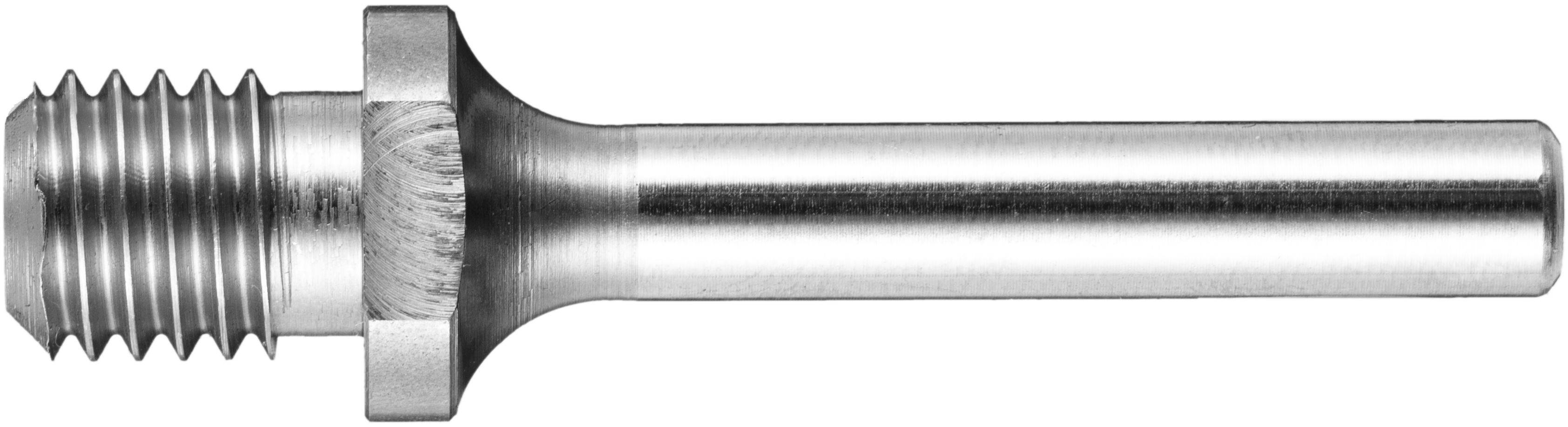 Eine Edelstahlkomponente mit zylindrischer Drehform, einem Gewindeende und einem verbreiterten Mittelabschnitt, dargestellt im Profil.