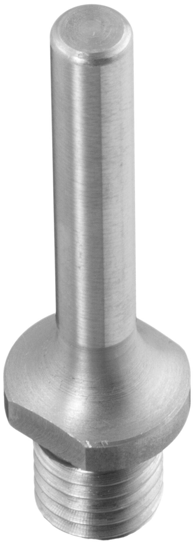 Eine metallische Schraube oder Stange mit Gewindeansatz, wahrscheinlich für industrielle oder mechanische Zwecke verwendet, vor einem einfarbigen weißen Hintergrund.