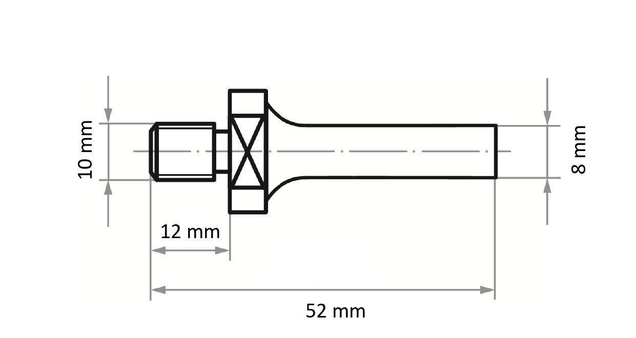 Technische Zeichnung eines zylindrischen Bauteils mit 52 mm Länge, 8 mm Höhe, 10 mm Durchmesser an einem Ende und 12 mm Breite an der Basis.