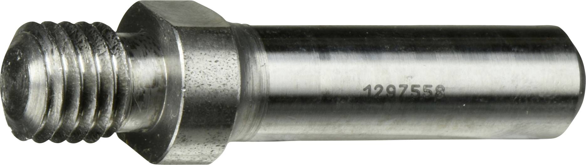 Eine Metallschraube mit sechskantigem Kopf und zylindrischem Schaft, die an ihrem Ende mit Gewinde zum Befestigen versehen ist.