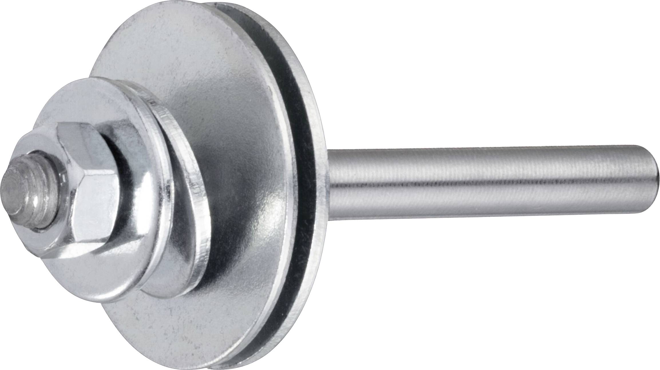 Eine Nahaufnahme eines glänzenden metallischen Bolzens mit einer Unterlegscheibe und einem zylindrischen Stab, wie er in mechanischen Baugruppen häufig verwendet wird.