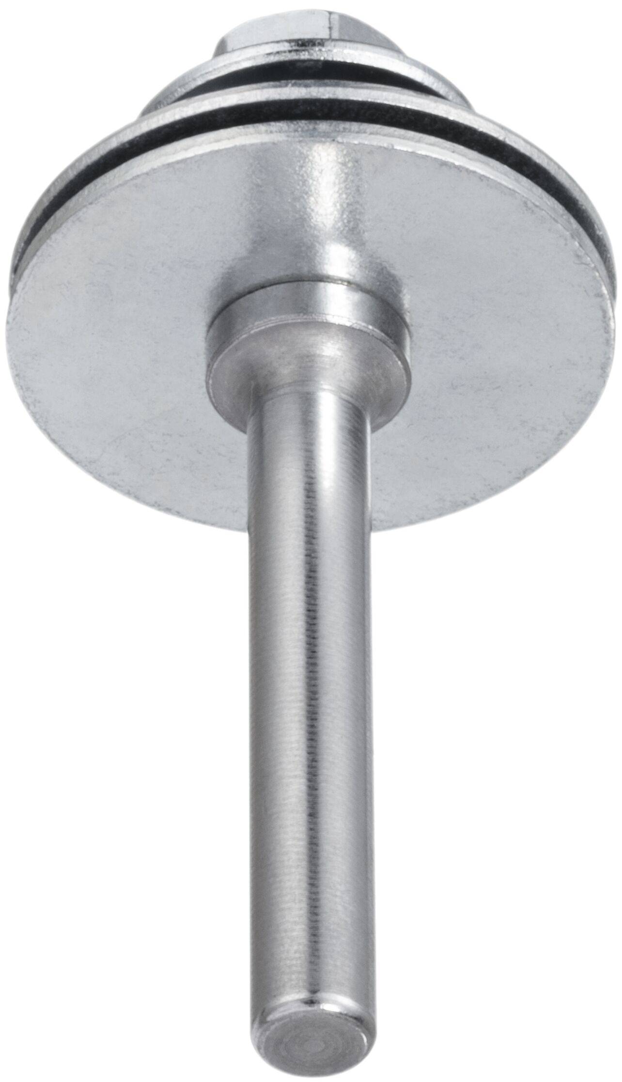 Eine metallische zylindrische Komponente mit einer langen Welle, die nach unten ragt, versehen mit kreisförmigen Scheiben und einer Nut im oberen Bereich.