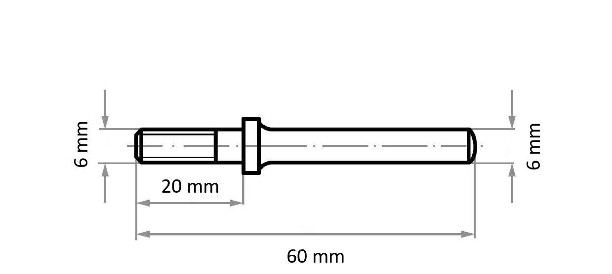 Technische Zeichnung eines zylindrischen Stabes, 60 mm lang, mit einem 20 mm langen Segment von 6 mm Durchmesser. Enthält dimensionale Anmerkungen.