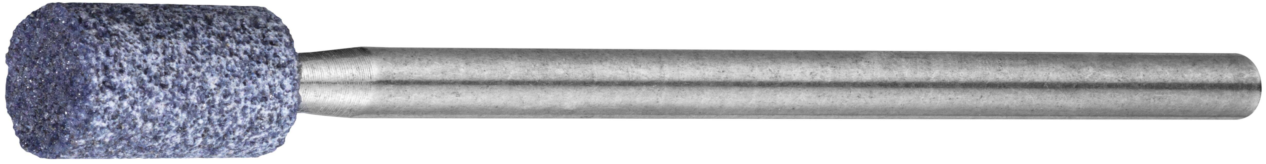 Ein zylindrischer Schleifstein mit einer strukturierten blauen Oberfläche auf einem Metallschaft, der zur präzisen Formgebung und Politur in der Metallbearbeitung verwendet wird.