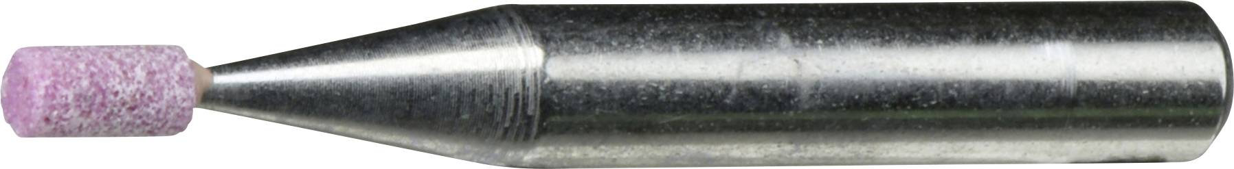Eine kleine, zylindrische rosa Schleifspitze, die an einem Metallhalter befestigt ist und wahrscheinlich für Präzisionsschleif- oder Polierarbeiten verwendet wird.