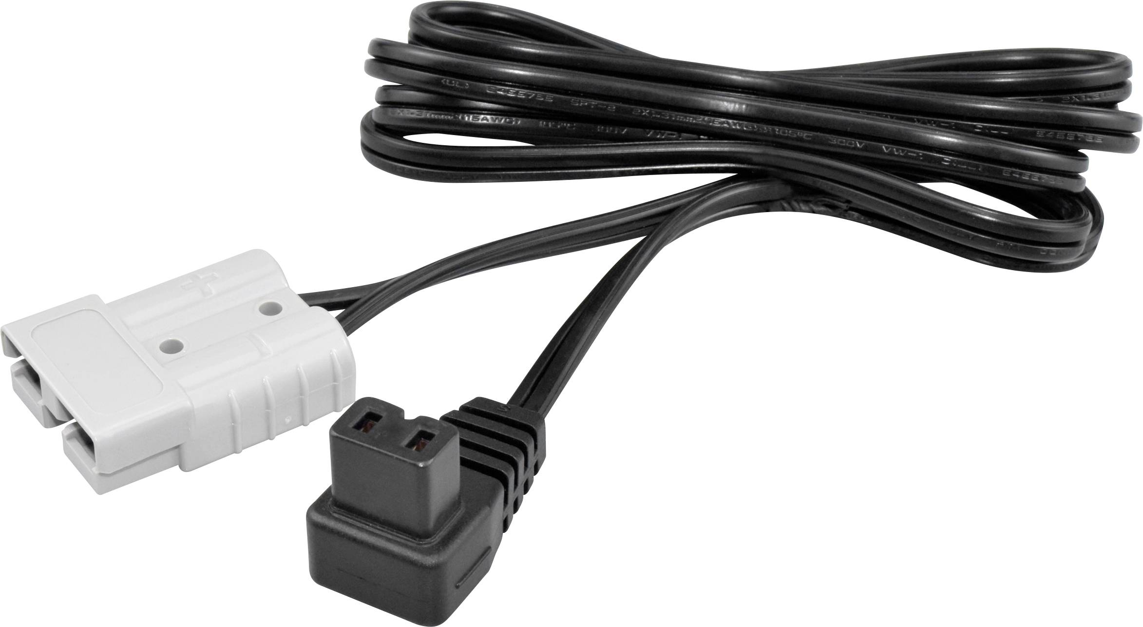 Ein schwarzes Kabel mit einem weißen Stecker auf der einen Seite und einem schwarzen Stecker auf der anderen Seite, das zum Anschluss und zur Stromversorgung elektronischer Geräte verwendet wird.