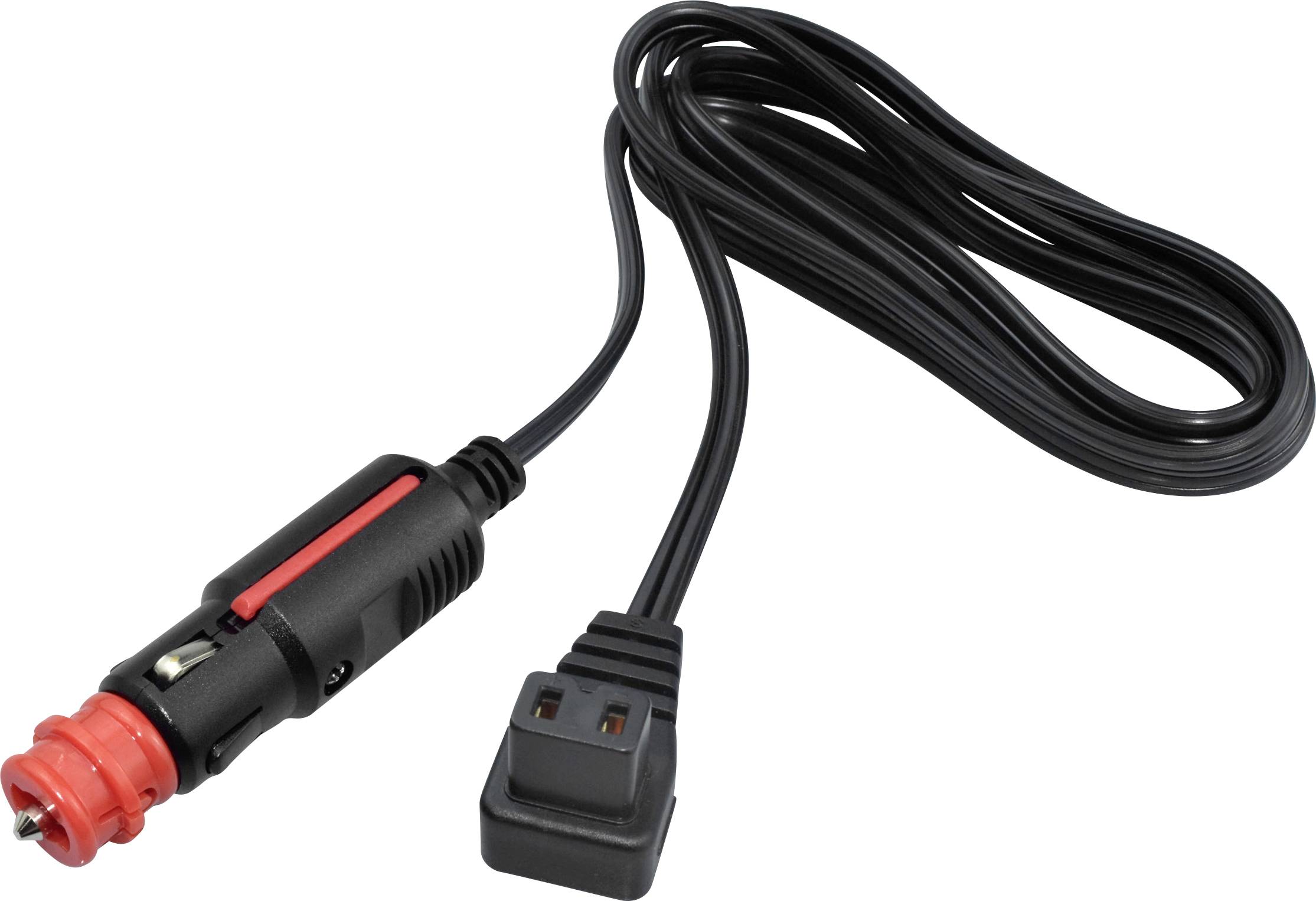 Ein schwarzes Autoadapter-Ladekabel mit einem roten Zigarettenanzünder-Stecker auf der einen Seite und einem schwarzen Anschluss auf der anderen Seite.