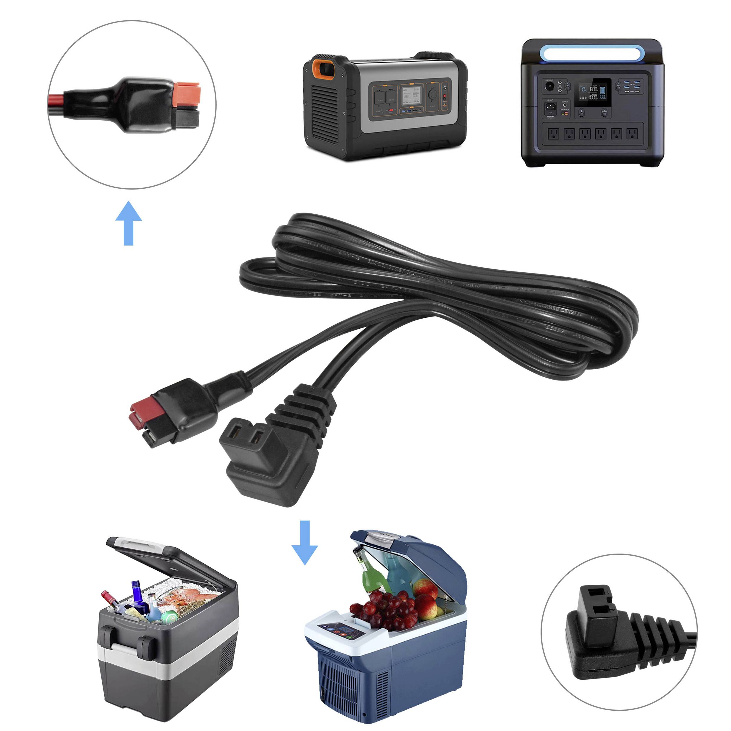 Netzkabel mit DC-Anschluss, kompatibel mit tragbaren PowerStationen und Kühlboxen. Pfeil zeigt auf Kühlboxen und Powerstationen.