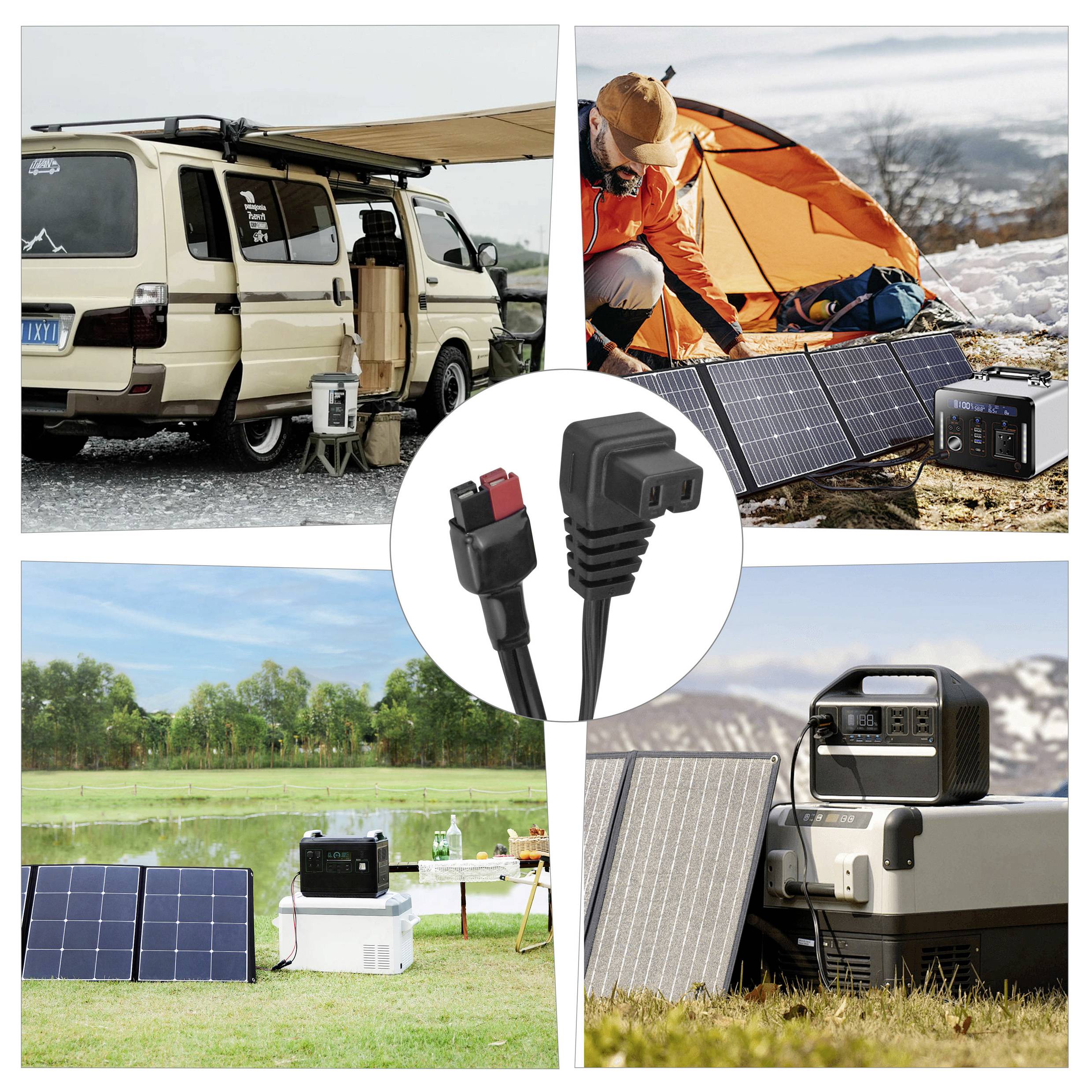 Vierteilige Collage, die Solar-Stromversorgungsanlagen zeigt: Campingvan, Zelt, Picknick am See und tragbare Kühlbox. Zentrales Inset: Stromverbinder.