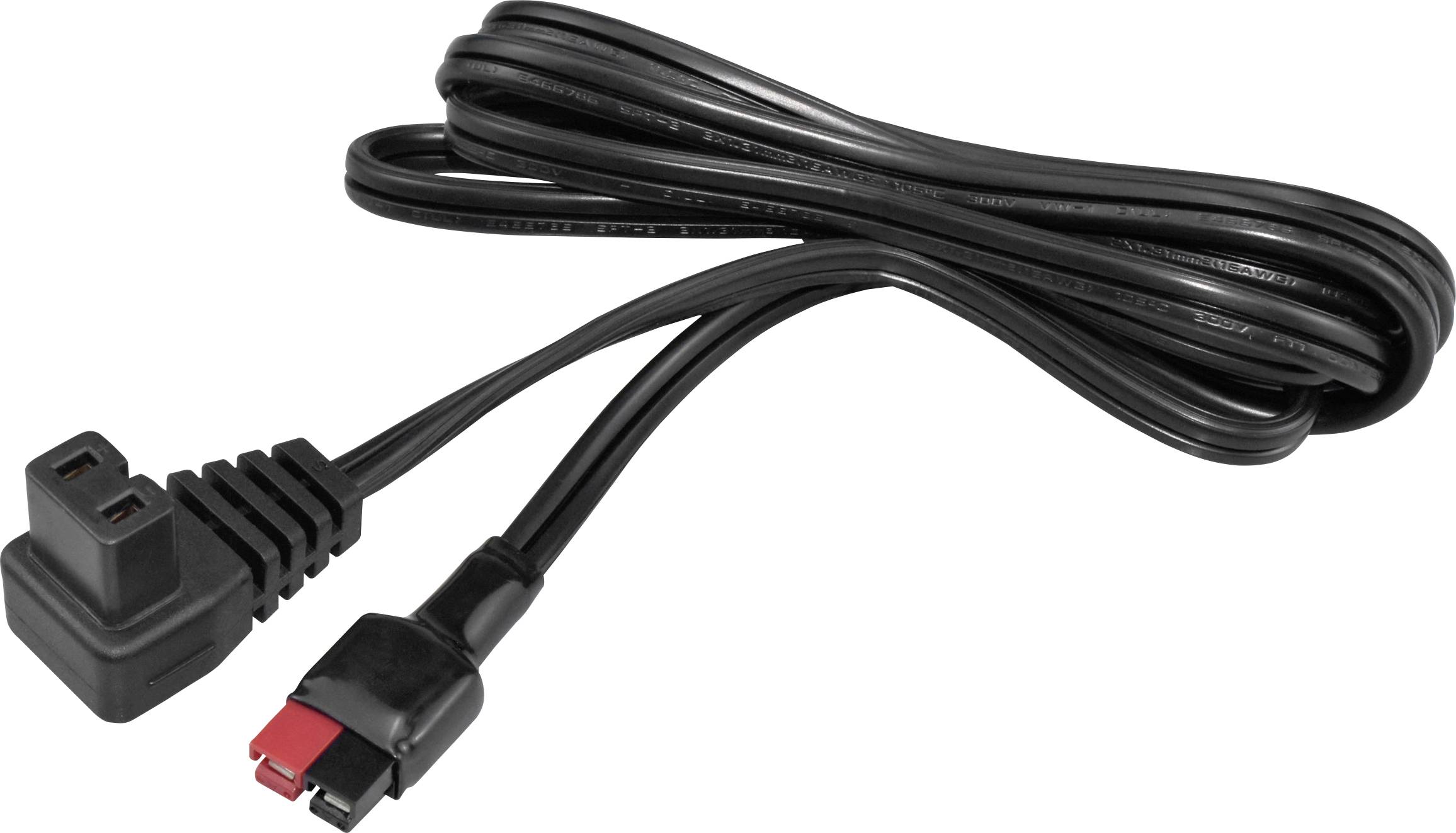 Ein schwarzes Netzkabel mit einem Dreipol-Stecker an einem Ende und einem Klemmstecker am anderen Ende, lose aufgewickelt.