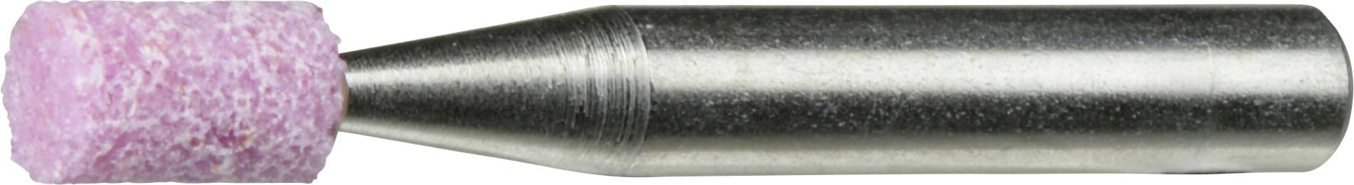 Ein zylindrischer, rosa Schleifstein, der auf einer Metallachse montiert ist und zum Schärfen oder Formen harter Materialien wie Metall oder Keramik verwendet wird.