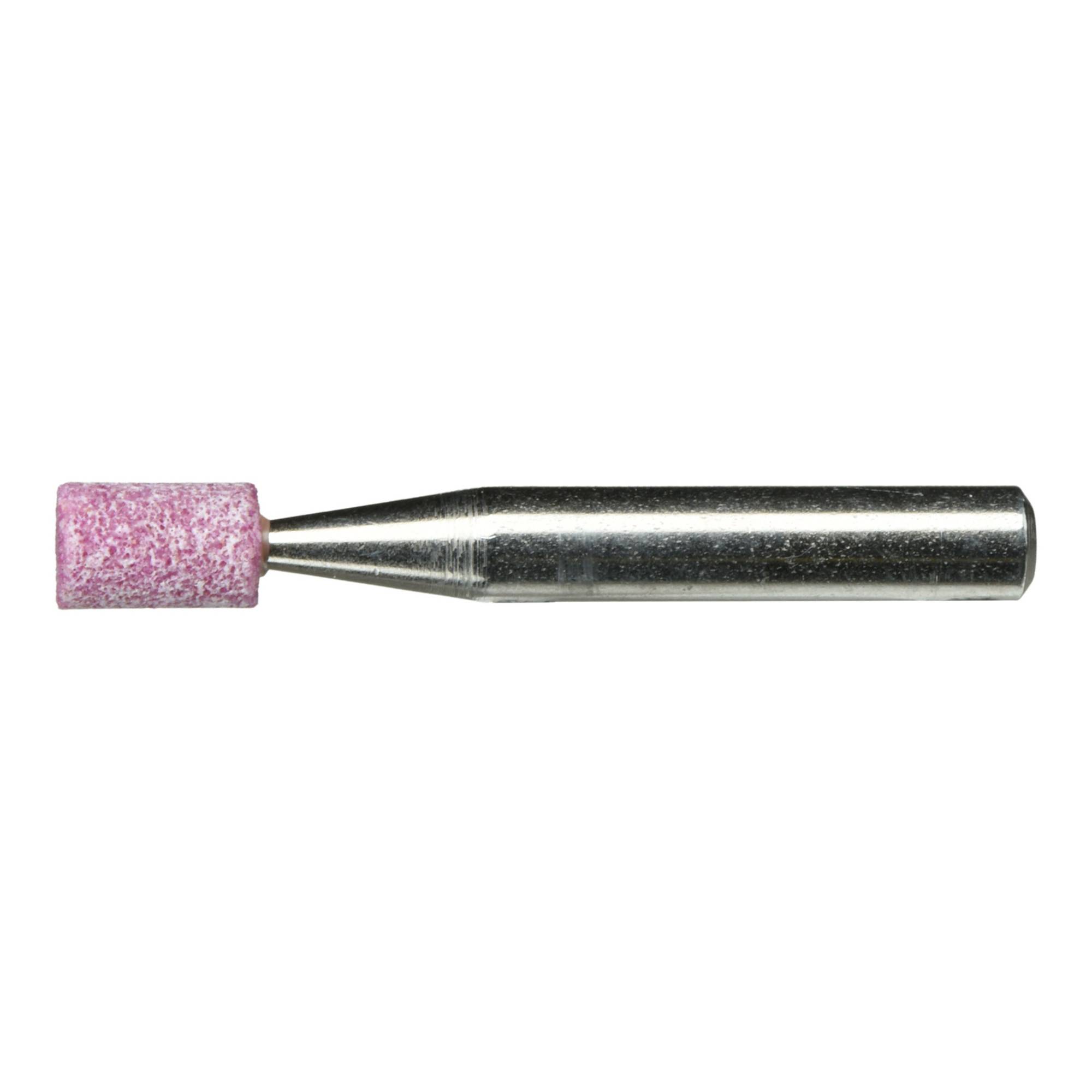 Ein rosa zylindrischer Schleifstein, der an einer silbernen Metallstange befestigt ist, wird zum Glätten oder Polieren von Oberflächen in der Metallbearbeitung oder im Handwerk verwendet.