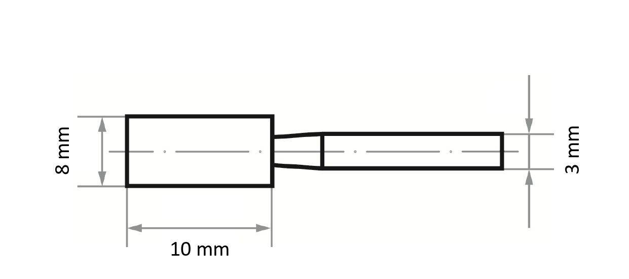 Technische Zeichnung eines zylindrischen Objekts. Linker Abschnitt: 8 mm Durchmesser, 10 mm Länge. Rechts sich verjüngend auf 3 mm Durchmesser.