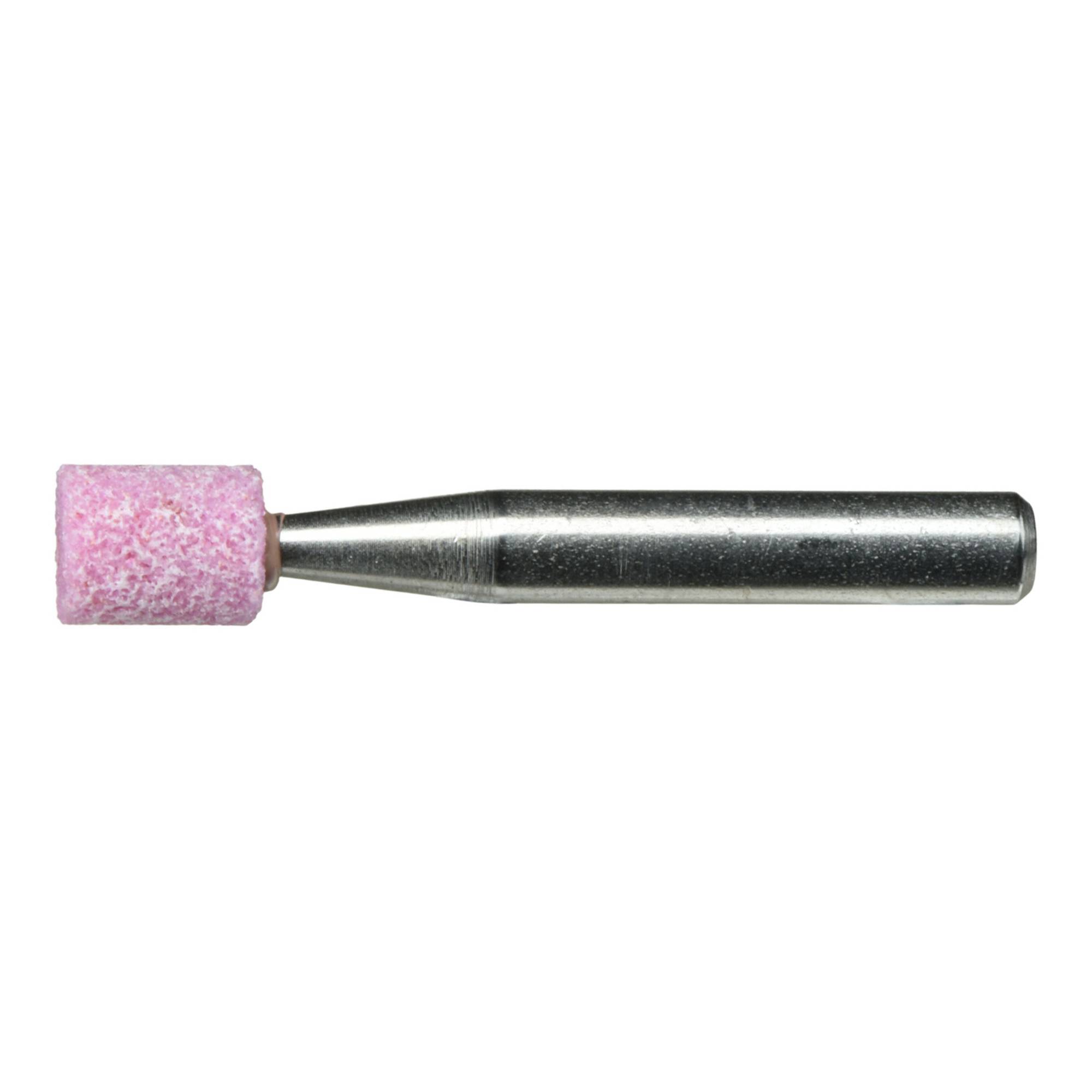 Eine zylindrische Metallfeile mit einer pinken, abrasiven Spitze, die zum Schleifen oder Bearbeiten von Oberflächen entwickelt wurde.