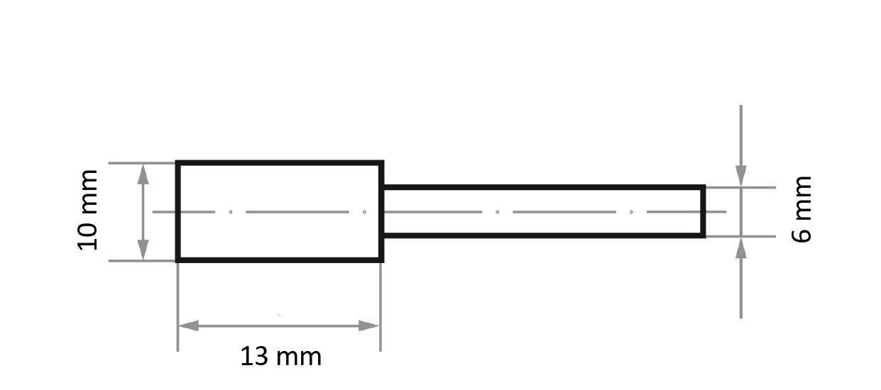 Technische Zeichnung eines zylindrischen Objekts mit einem 10 mm x 13 mm Block auf der linken Seite und einer 6 mm Durchmesser-Stange, die nach rechts verläuft.